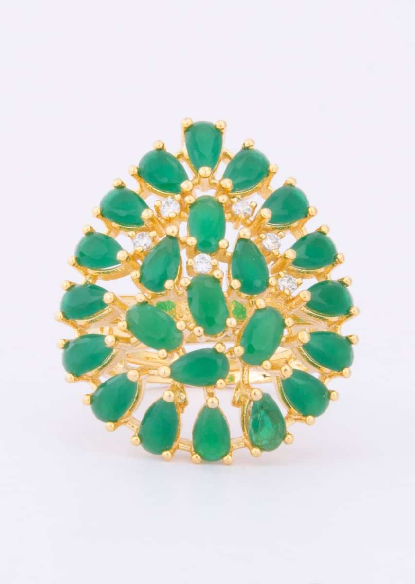 Tear drop shaped ring adorn with green beads only on Kalki