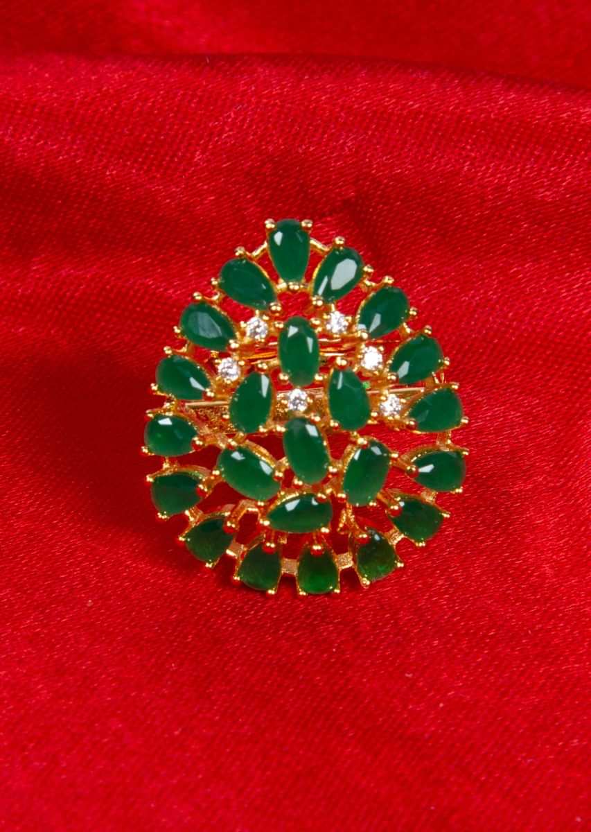 Tear drop shaped ring adorn with green beads only on Kalki