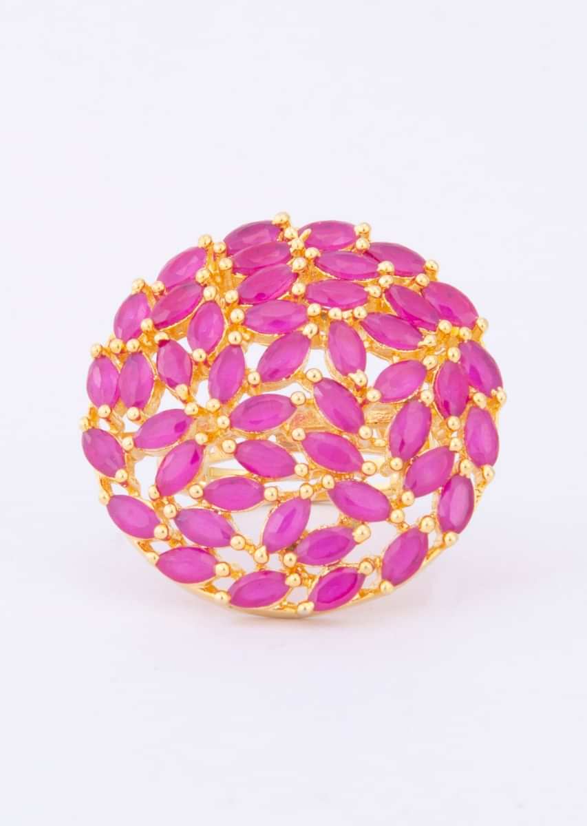 Tear drop shaped ring adorn with pink beads only on Kalki