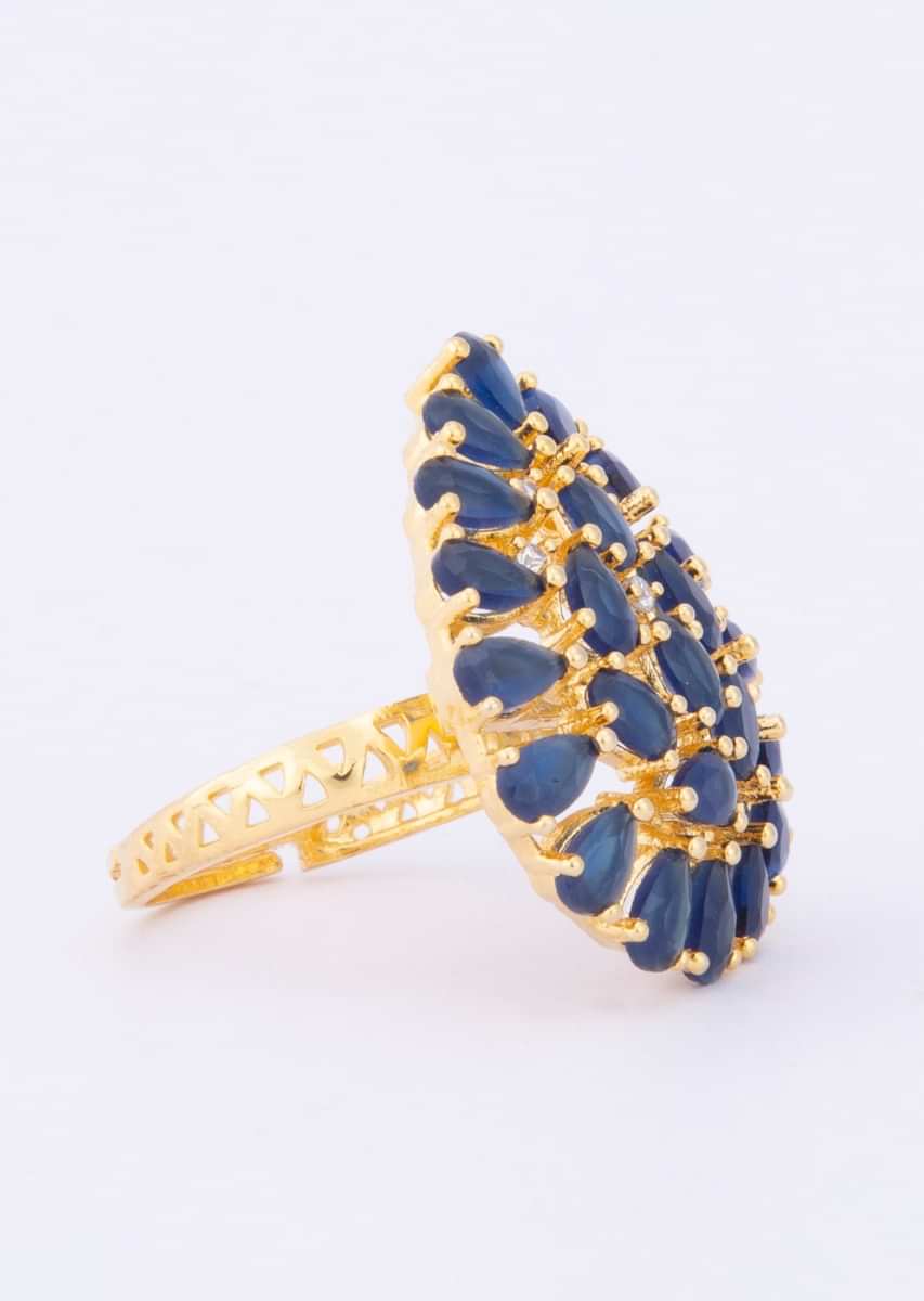 Tear drop shaped ring with cut work and admiral blue beads only on Kalki