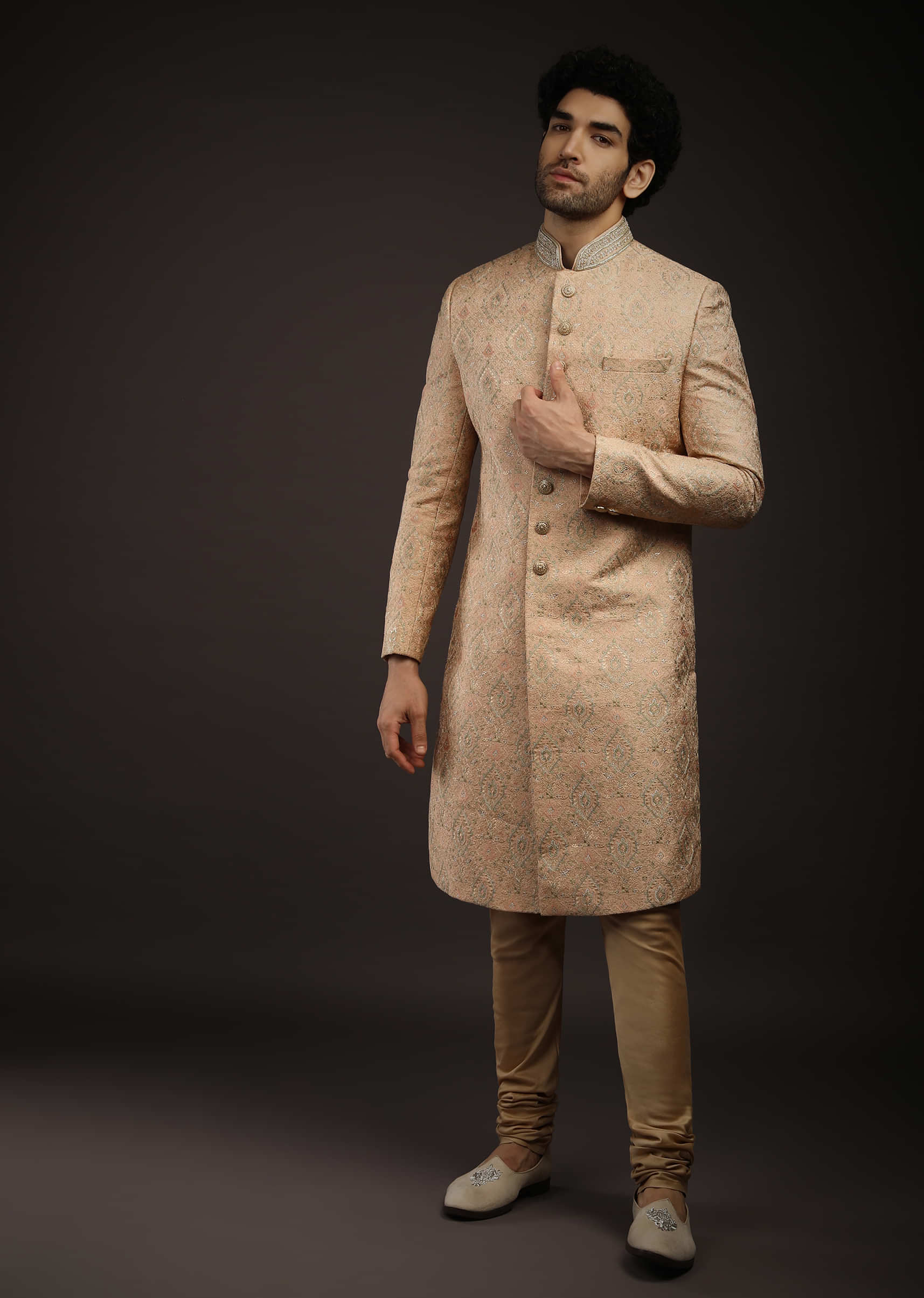 Tender Peach Sherwani Set In Silk With Multi Colored Resham Embroidered Mughal Jaal