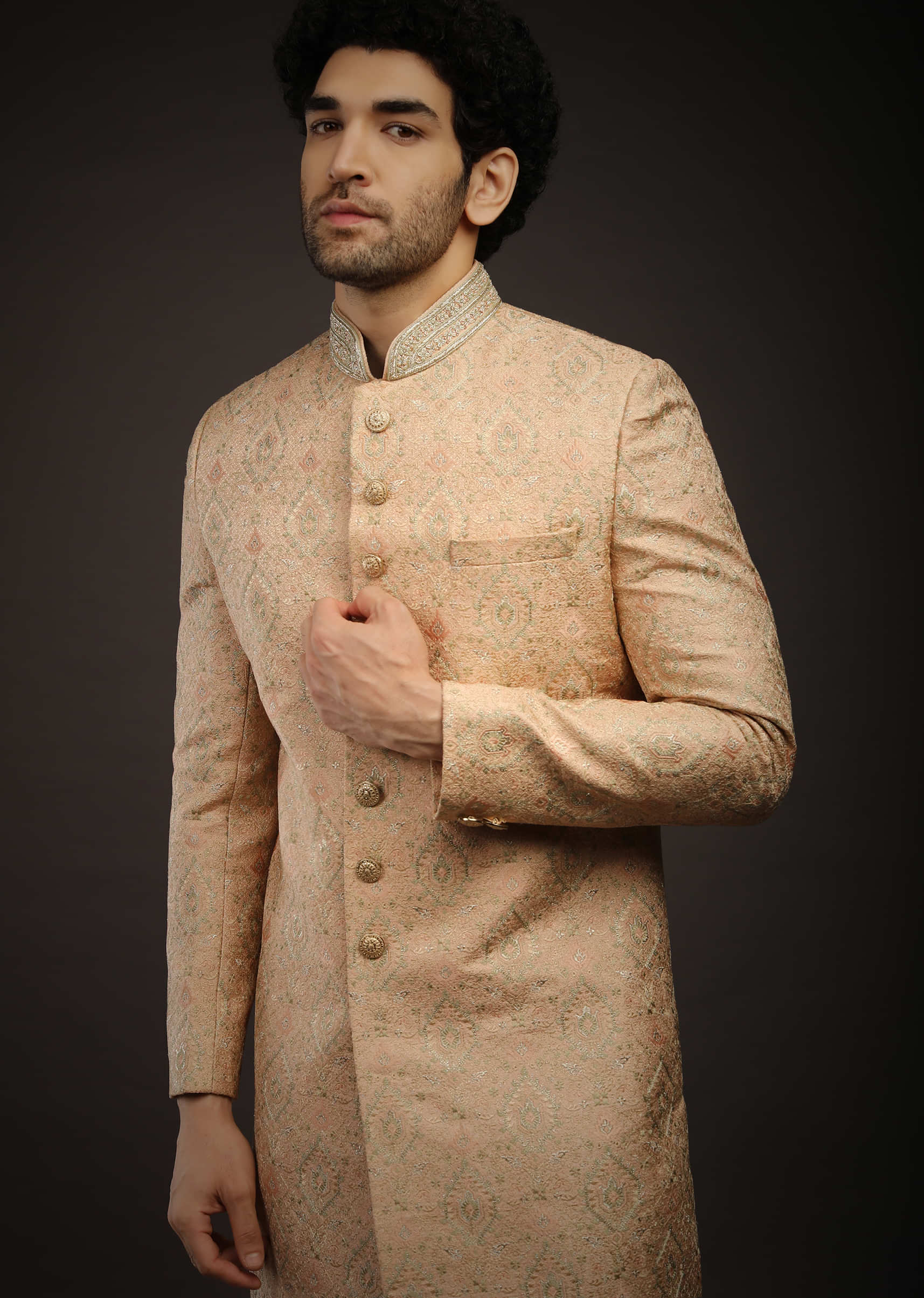 Tender Peach Sherwani Set In Silk With Multi Colored Resham Embroidered Mughal Jaal
