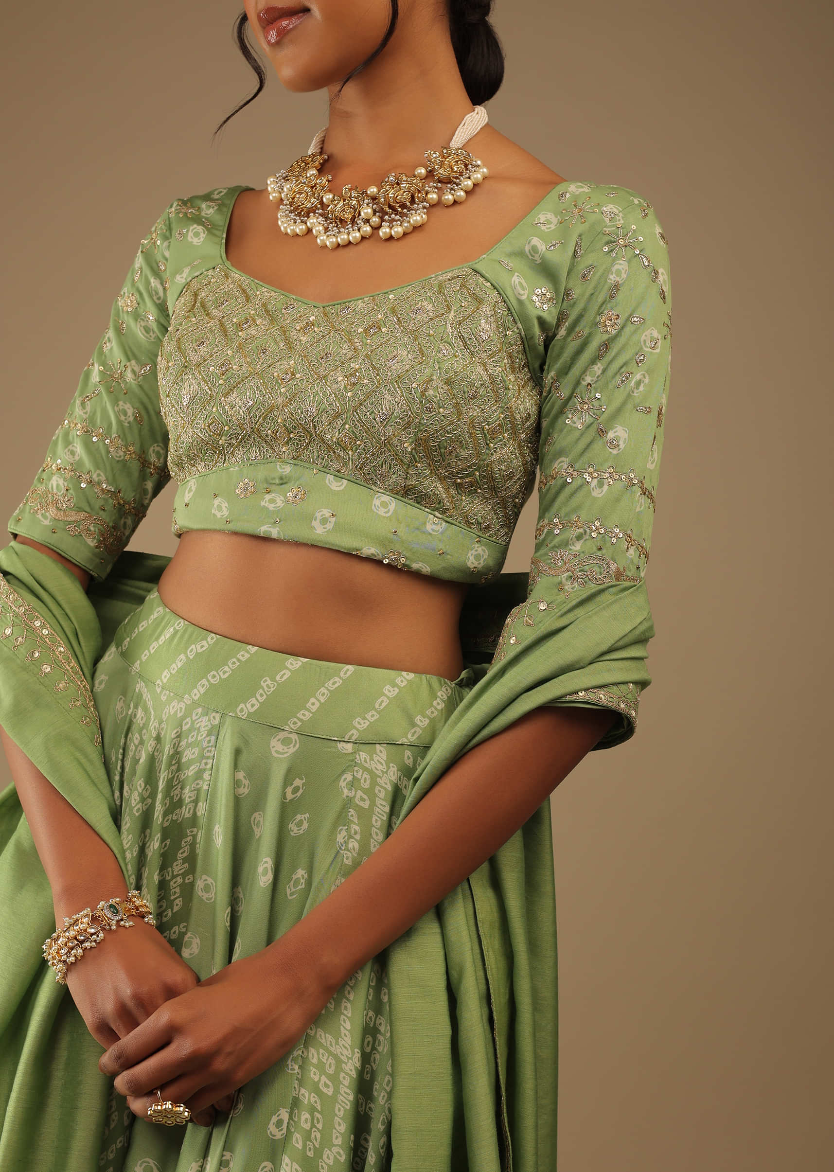 Tendril Green Lehenga  With Choli Set In Digital Bandhani Print, Choli Comes In Zari And Sequins Embroidery Buttis 