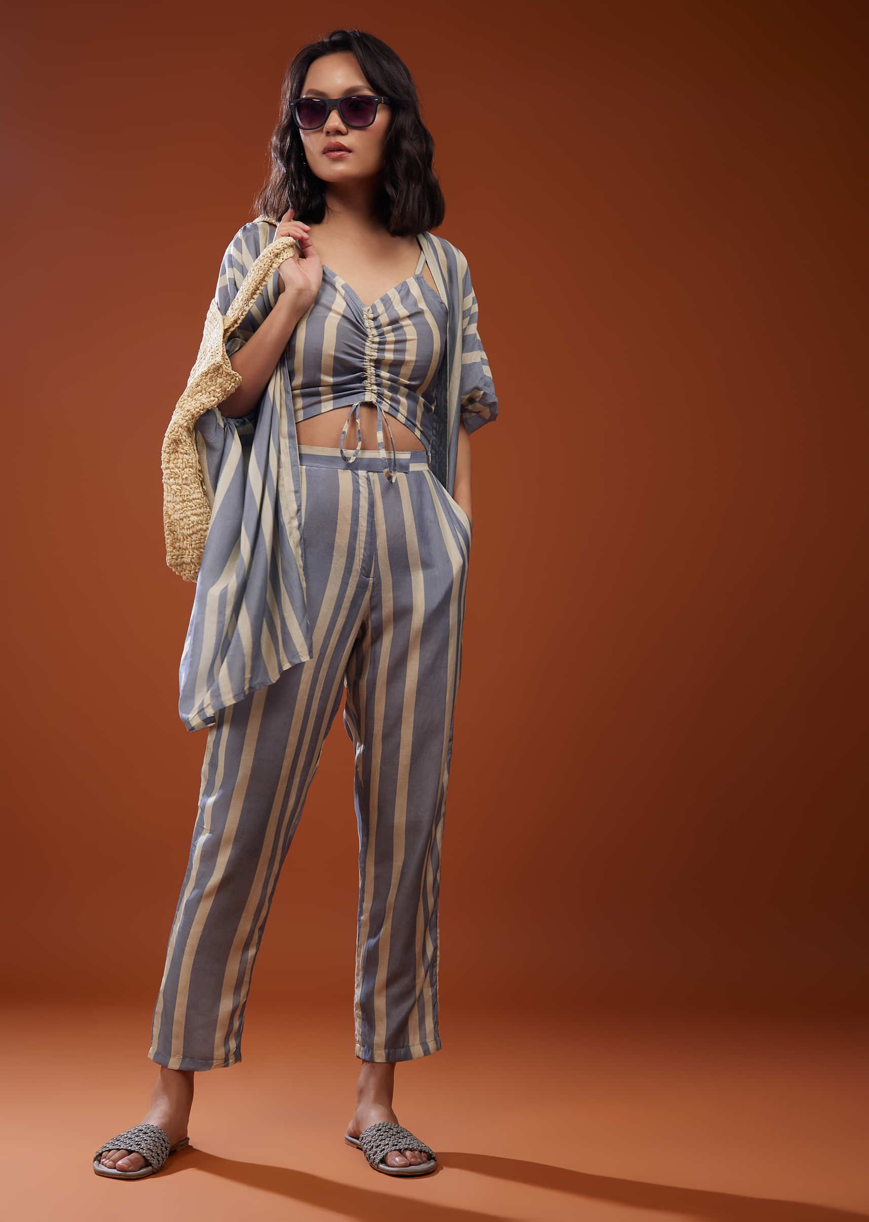 Three-Piece Dusty Airforce Blue Striped Co-ord Set In Muslin