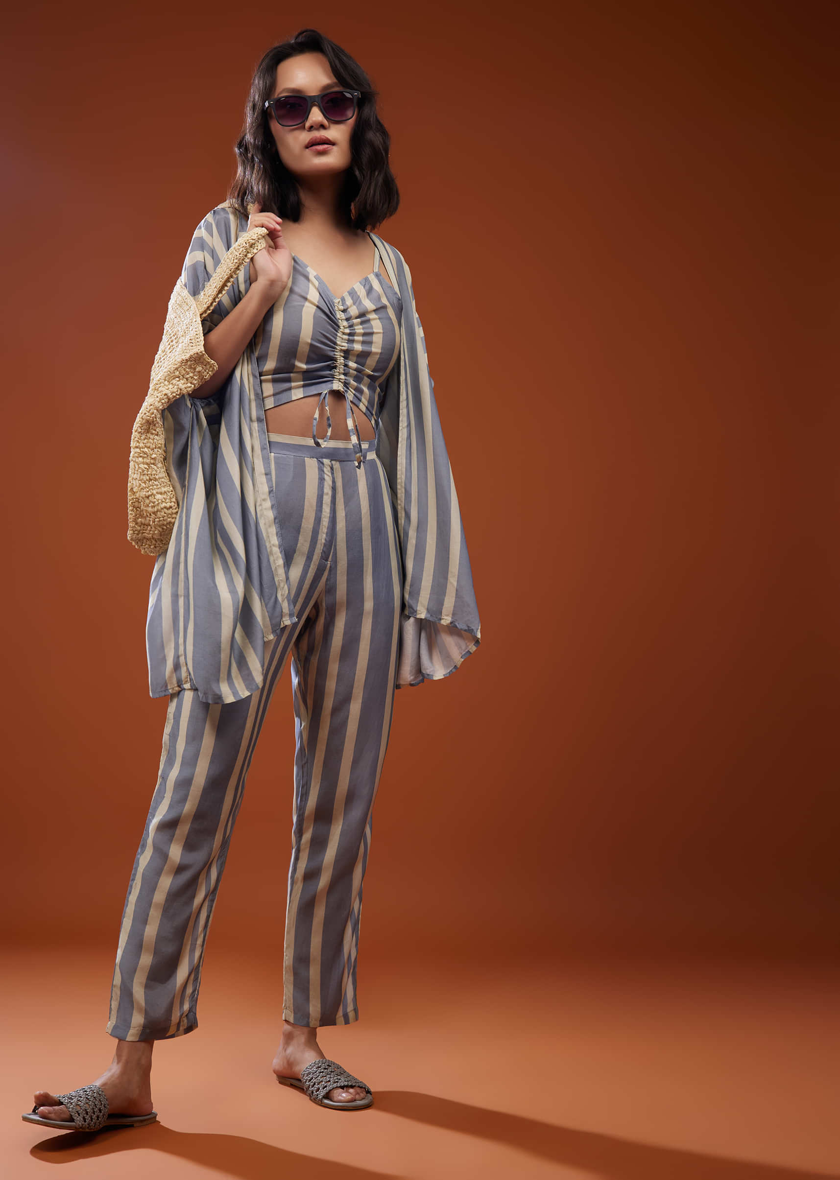 Three-Piece Dusty Airforce Blue Striped Co-ord Set In Muslin