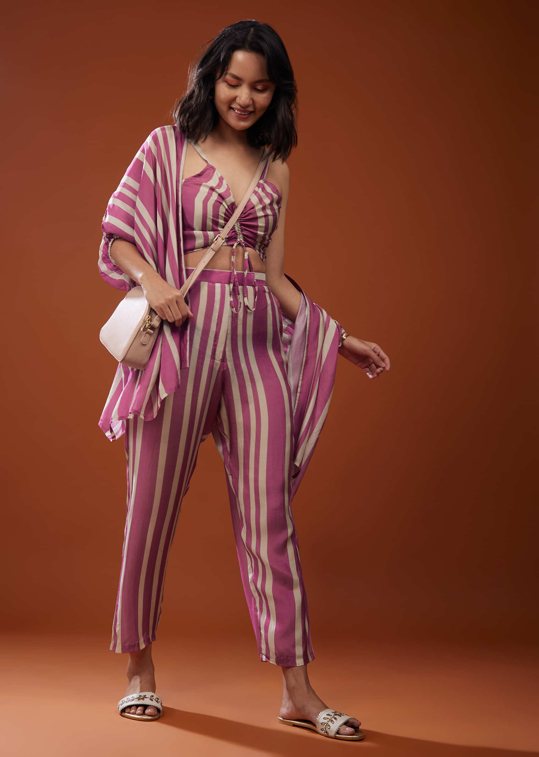 Three-Piece Heather Rose Striped Co-ord Set In Muslin