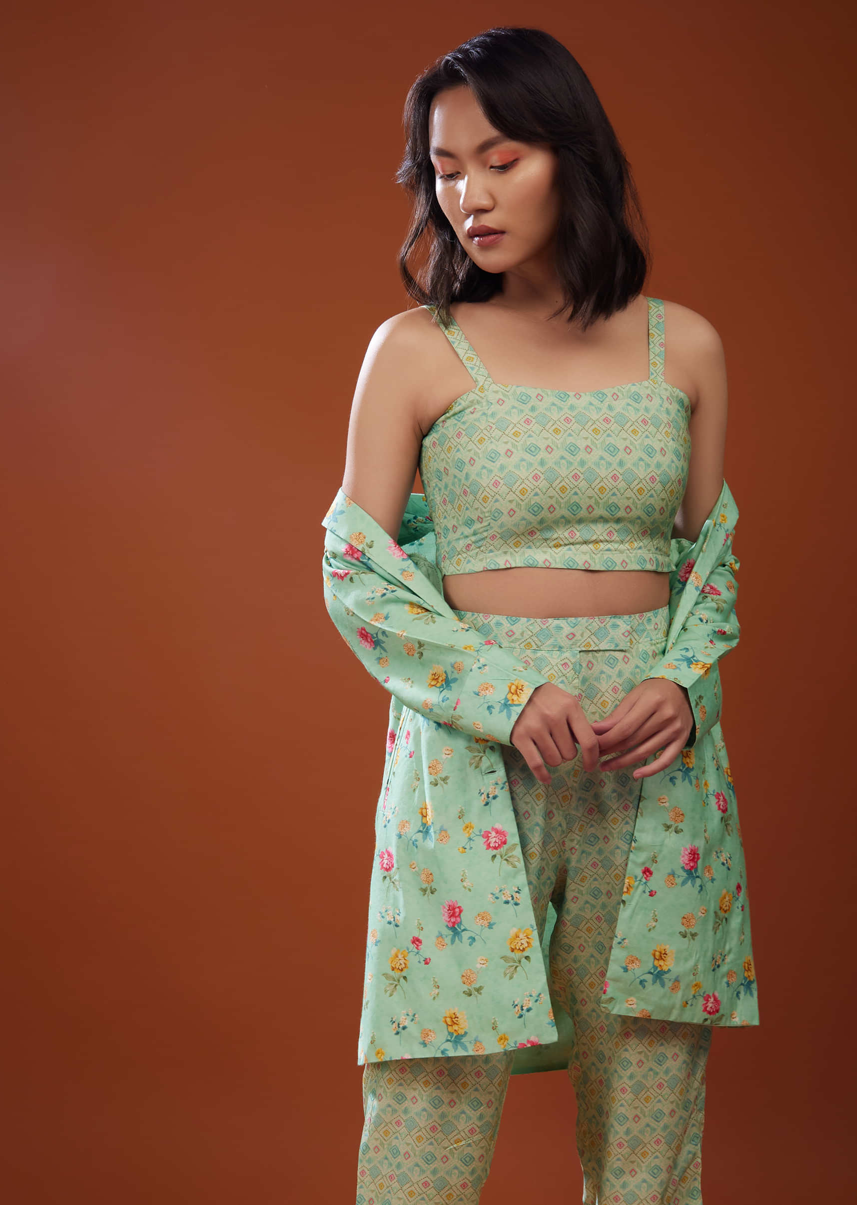 Three Piece Mint Green Printed Co-ord Set In Silk