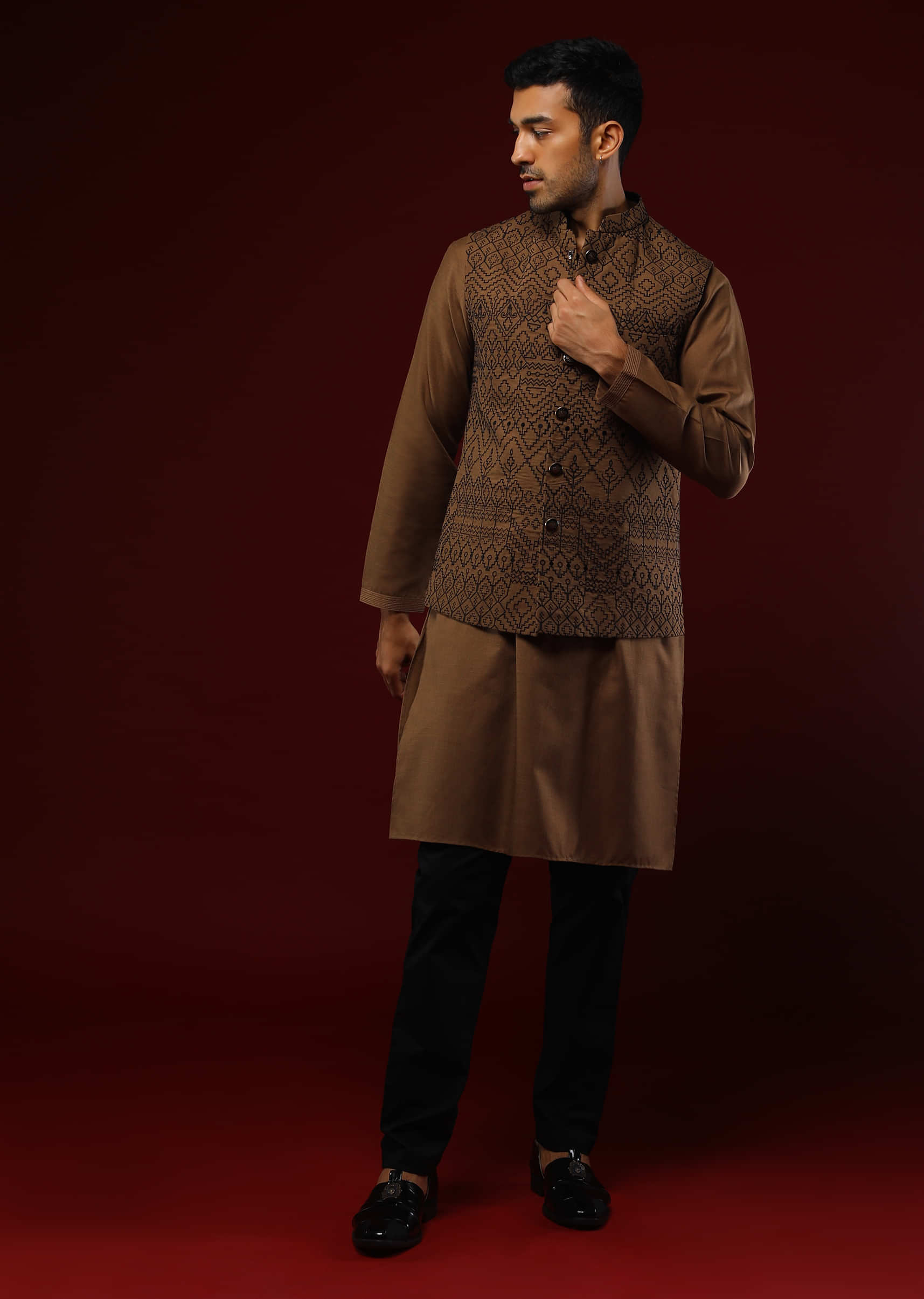 Thrush Brown Nehru Jacket Set With Black Resham Embroidered Ethnic Design All Over