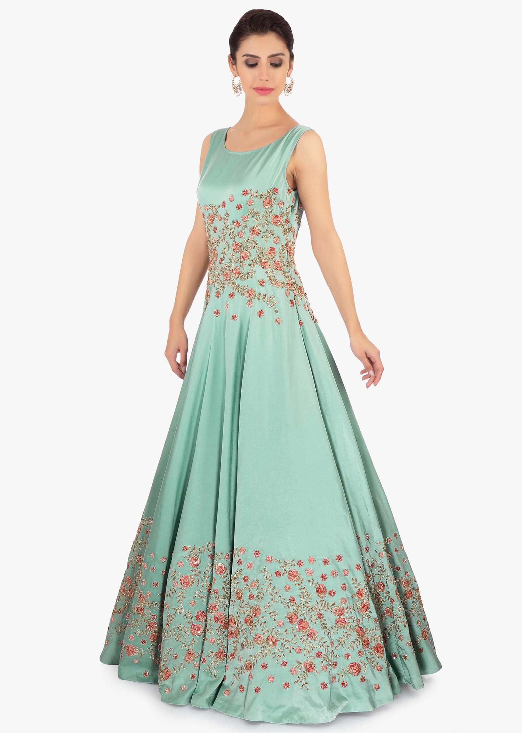 Tiffany blue satin gown in zari and resham floral embroidery