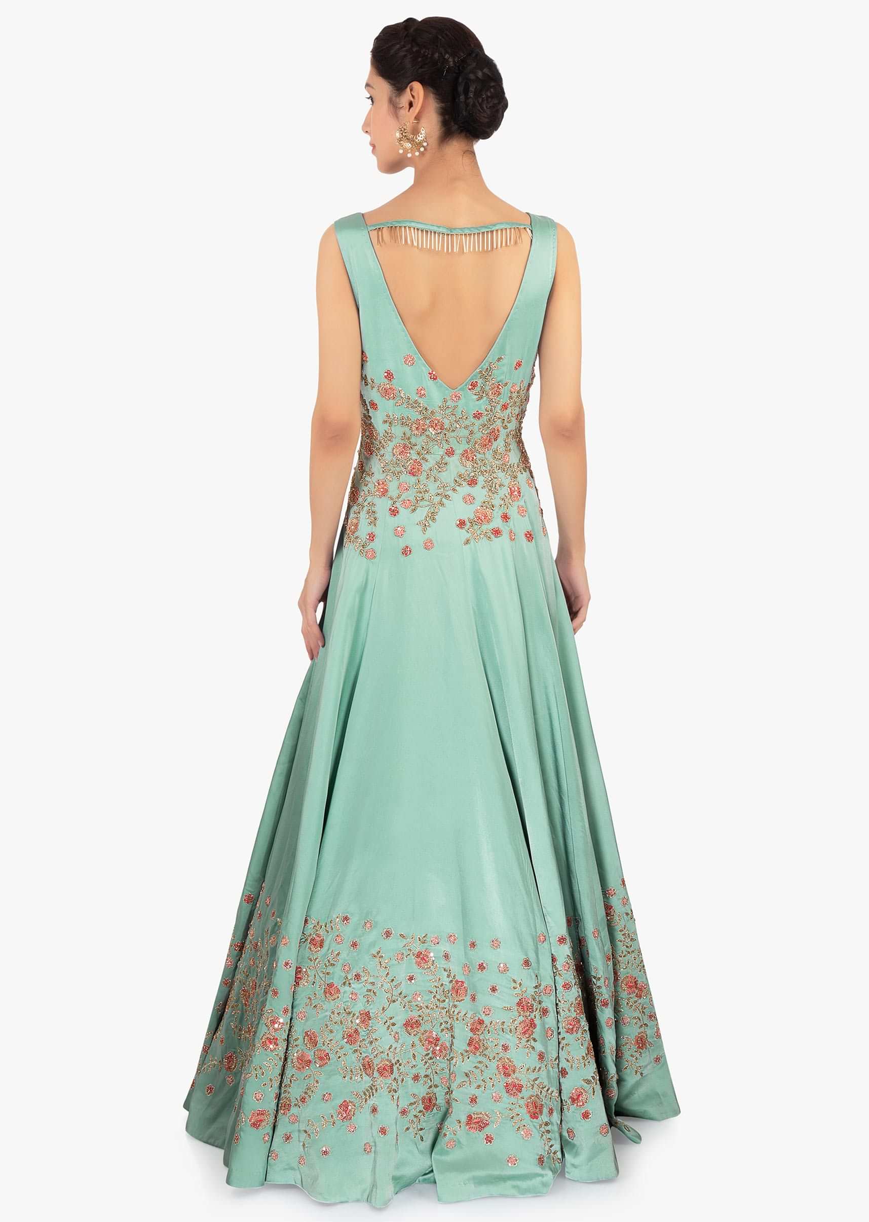 Tiffany blue satin gown in zari and resham floral embroidery