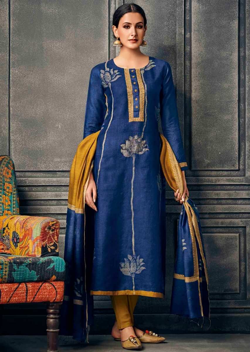 Tinted Royal Blue Suit In Batik Print Along With Sequin Work Online - Kalki Fashion