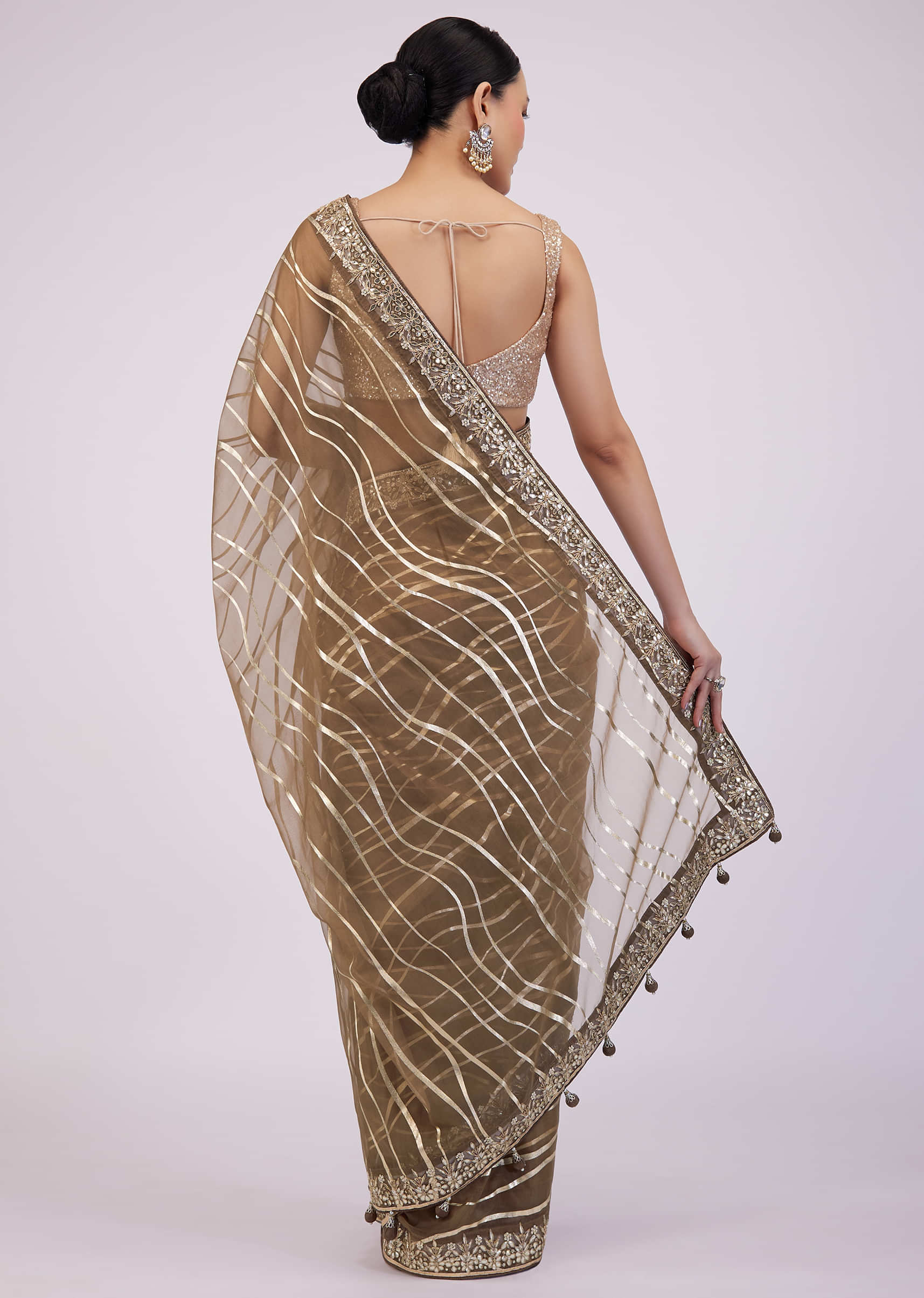 Coffee Brown Saree In Organza With Foil Print And Embroidery
