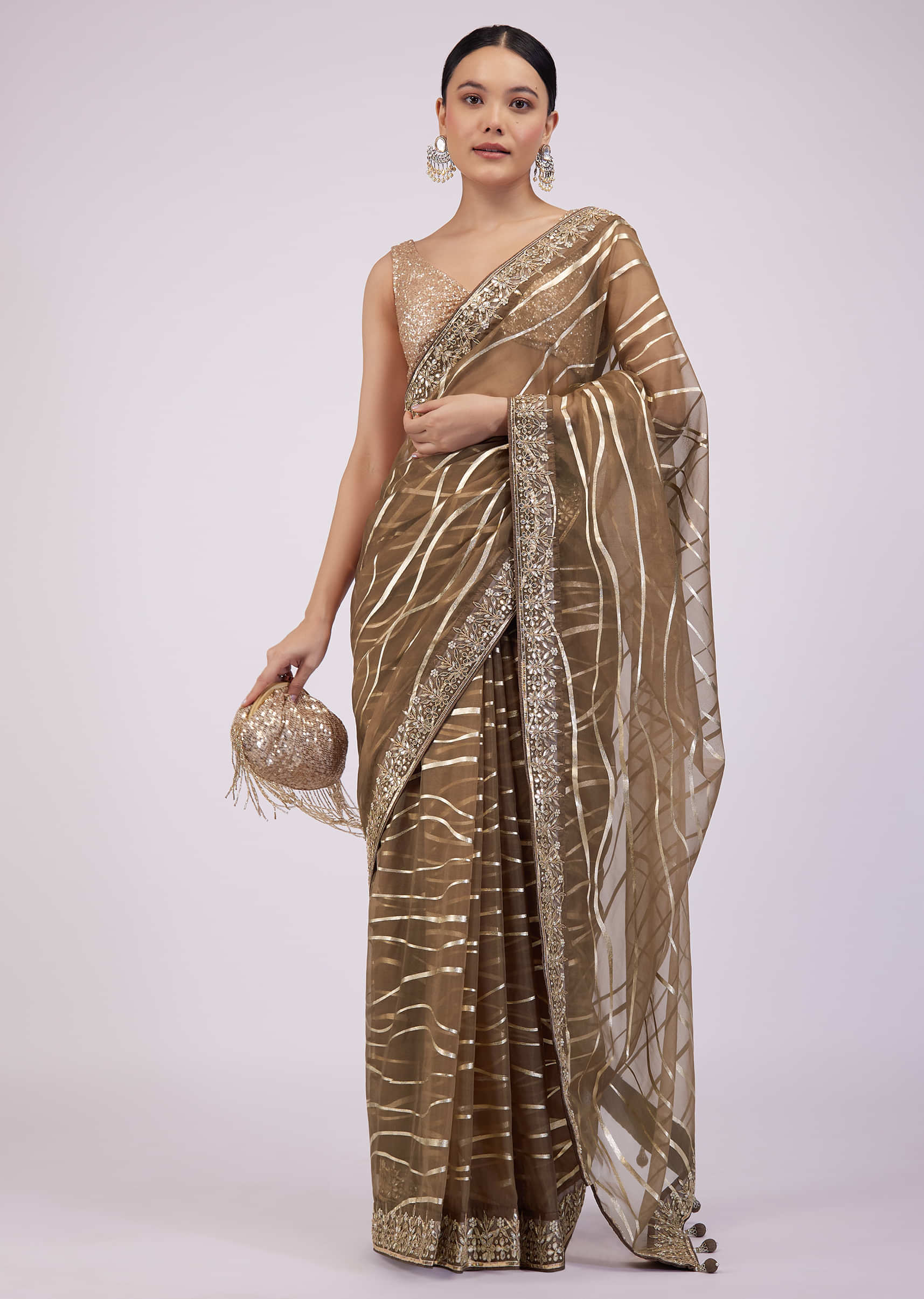 Coffee Brown Saree In Organza With Foil Print And Embroidery