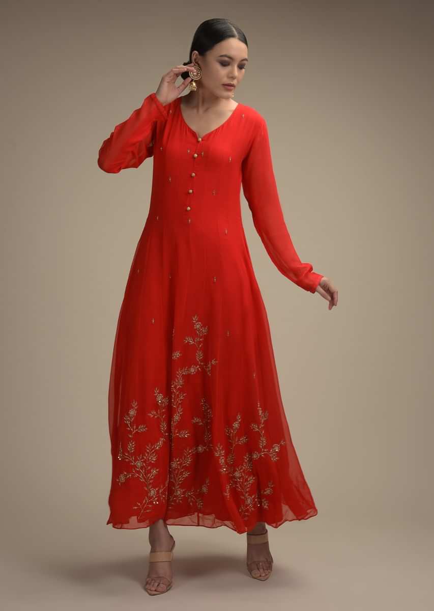 Tomato Red Anarkali Suit In Georgette With Cut Dana And Moti Embroidered Floral Motifs On The Hemline Online - Kalki Fashion