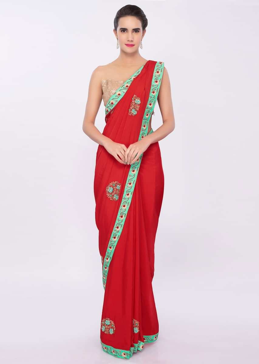 Tomato Red Saree In Chiffon With Floral Embroidery And Butti Online - Kalki Fashion