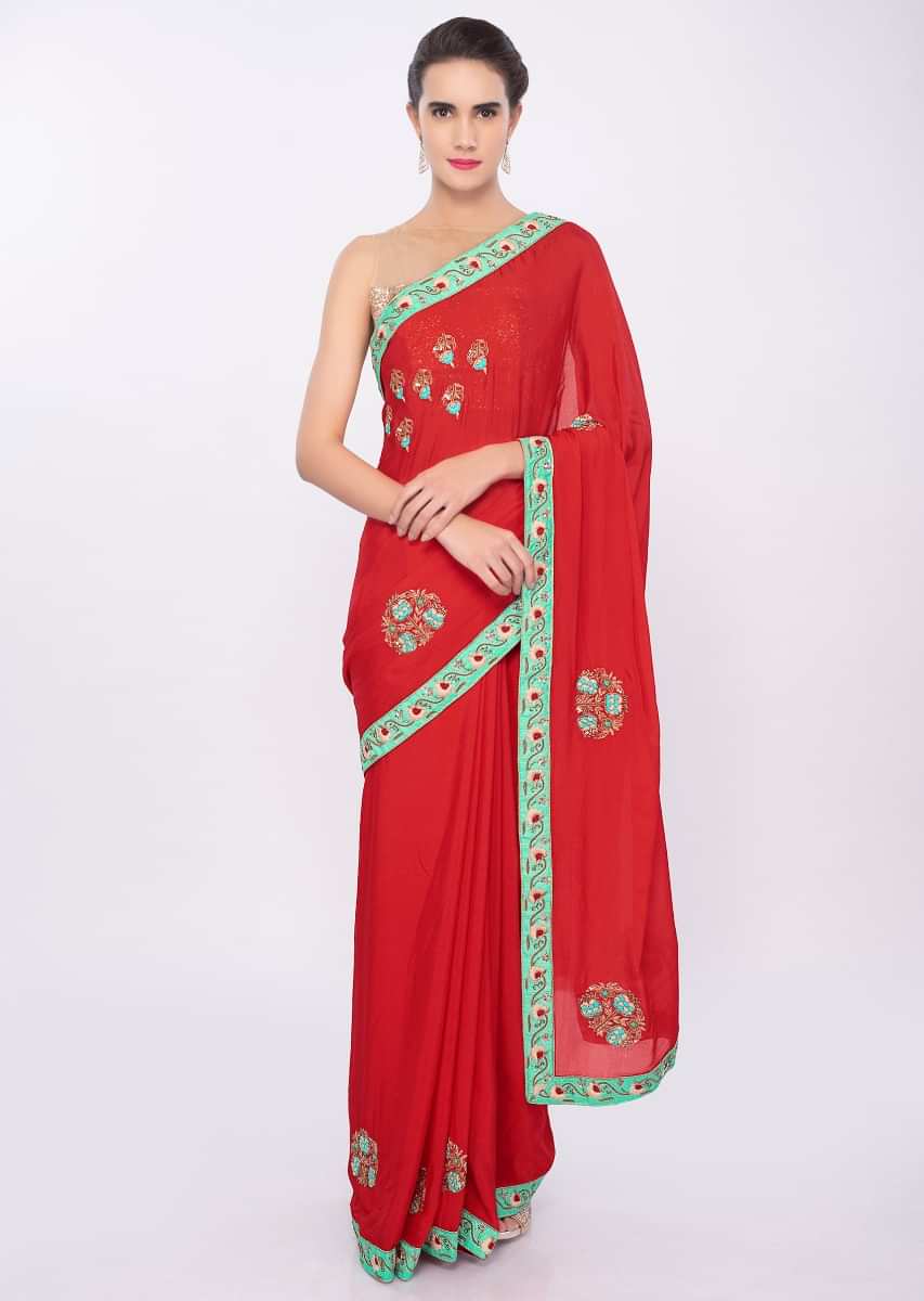 Tomato Red Saree In Chiffon With Floral Embroidery And Butti Online - Kalki Fashion