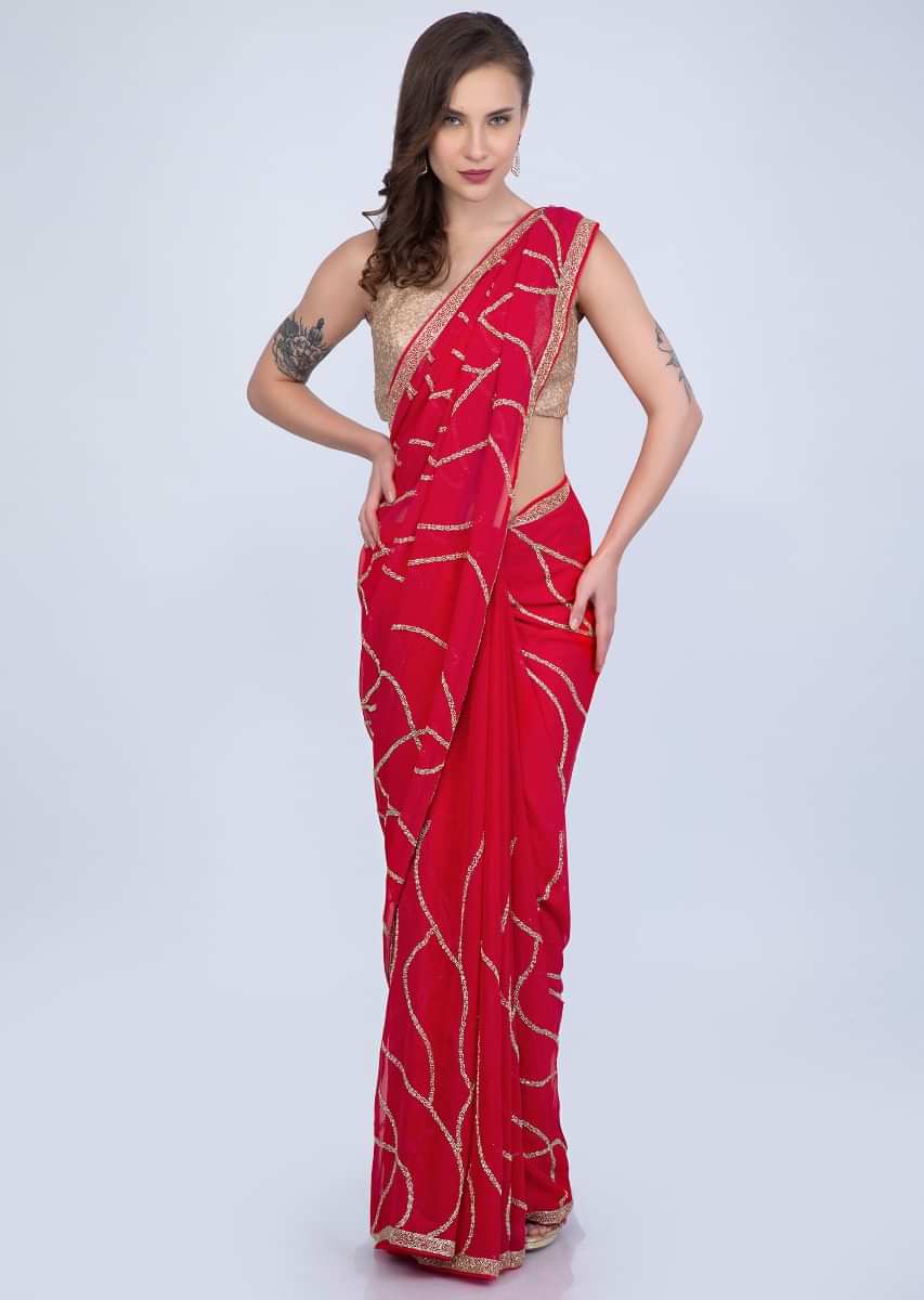 Tomato red georgette saree cut dana abstract embroidery only on Kalki
