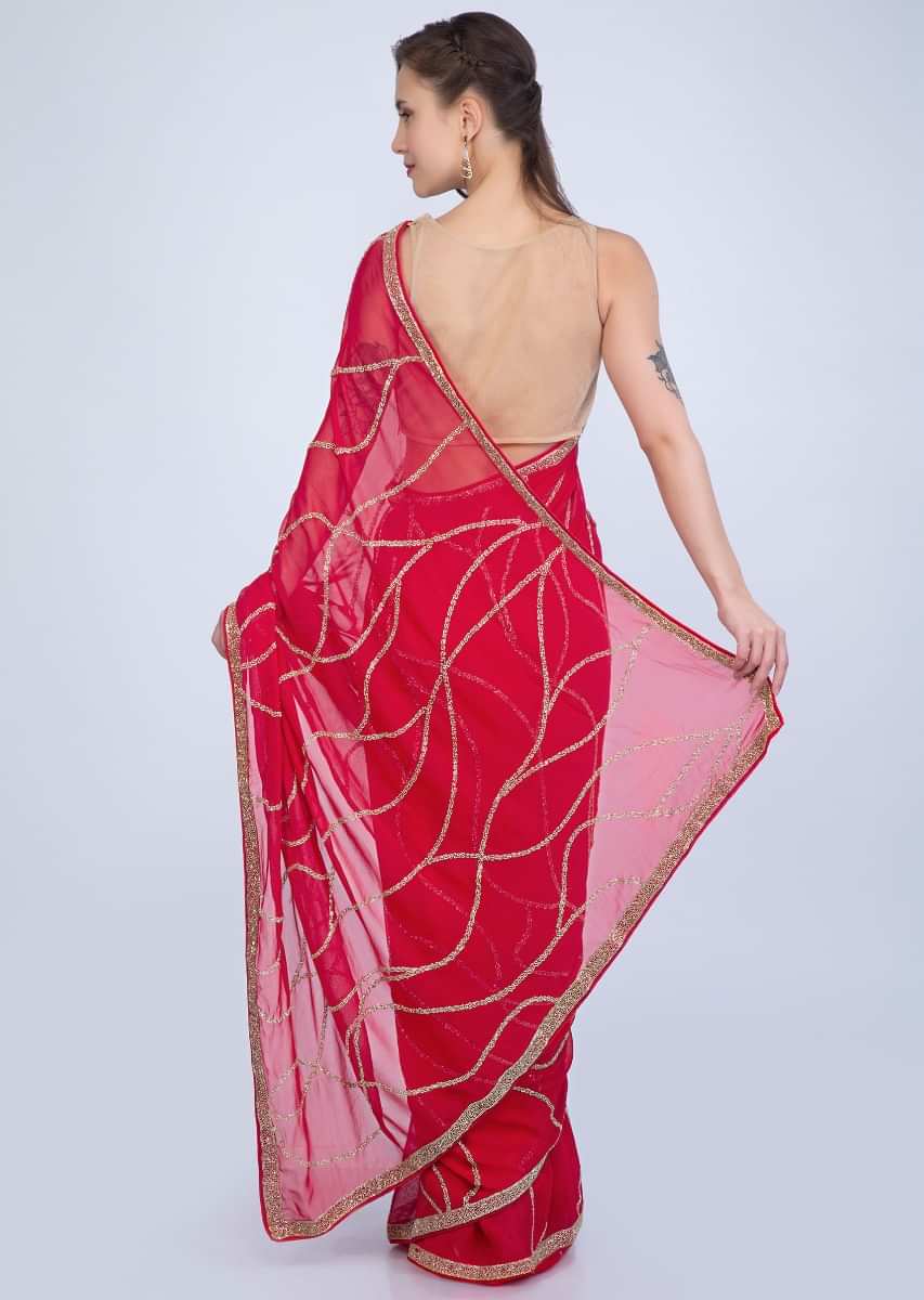 Tomato red georgette saree cut dana abstract embroidery only on Kalki