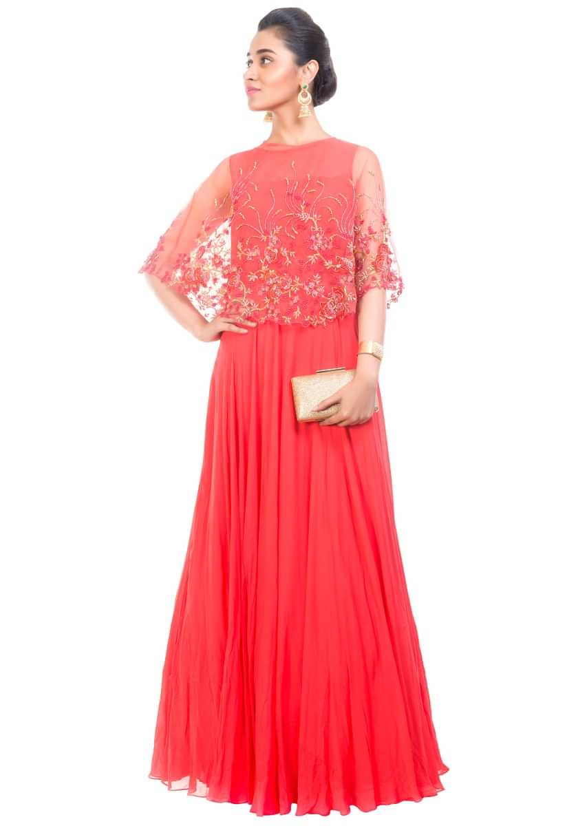 Tomato Red Gown With Embroidered Cape