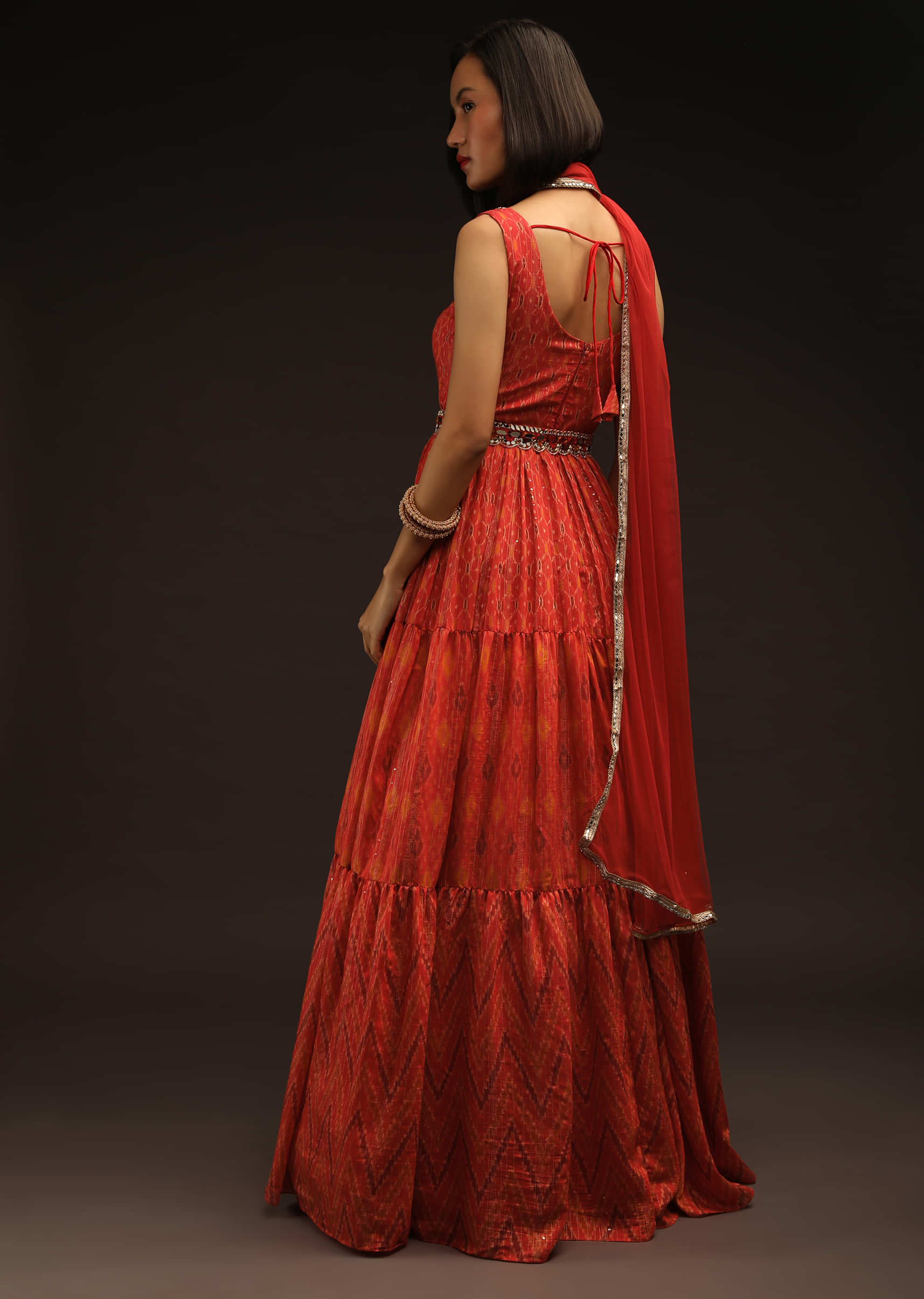 Tomato Red Anarkali Suit In Silk With Ikkat Print And Mirror Embroidery