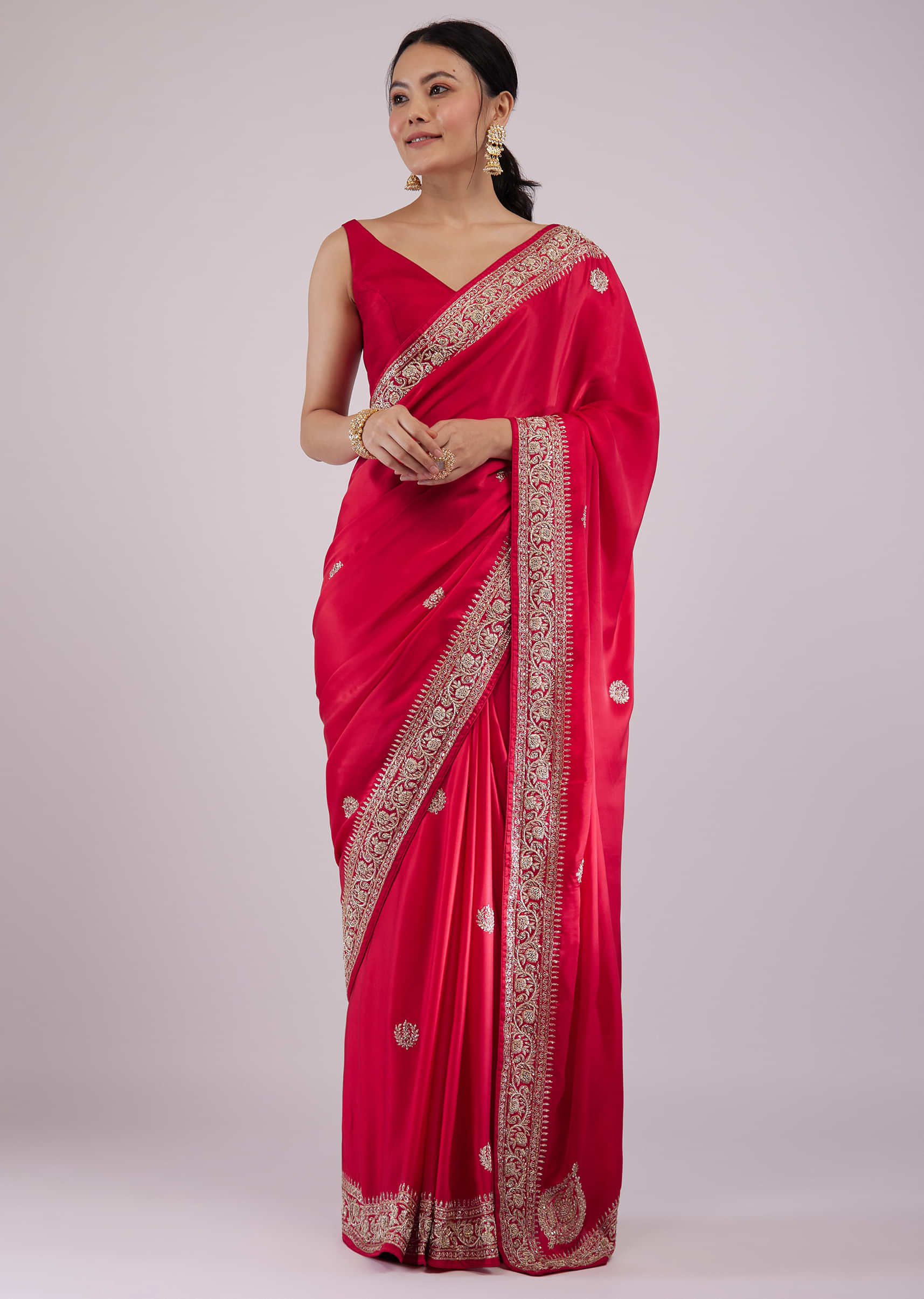 Carmine Red Satin Saree With Embroidery