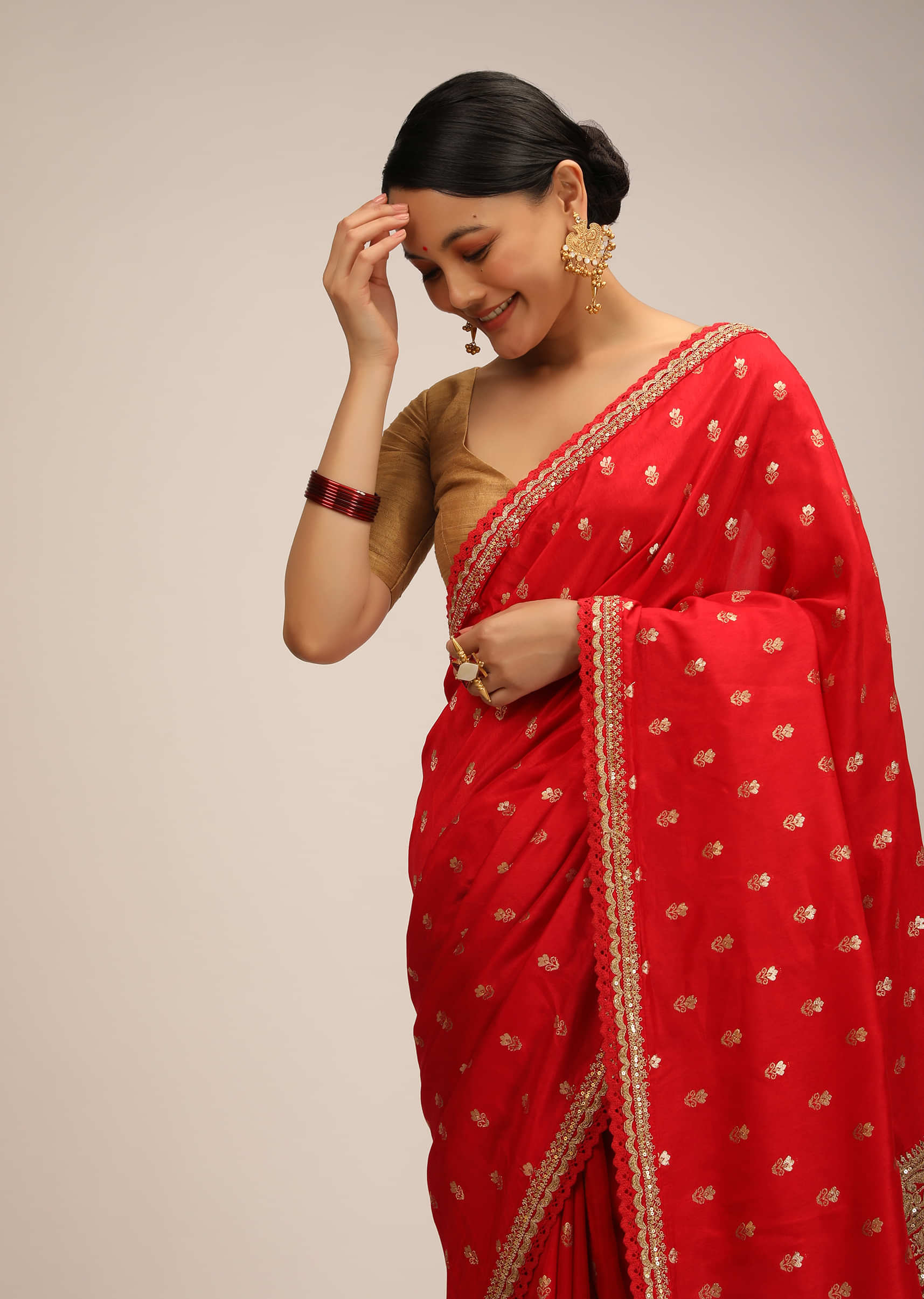 Tomato Red Saree In Dupion Silk With Woven Buttis And Zari Embroidered Palu