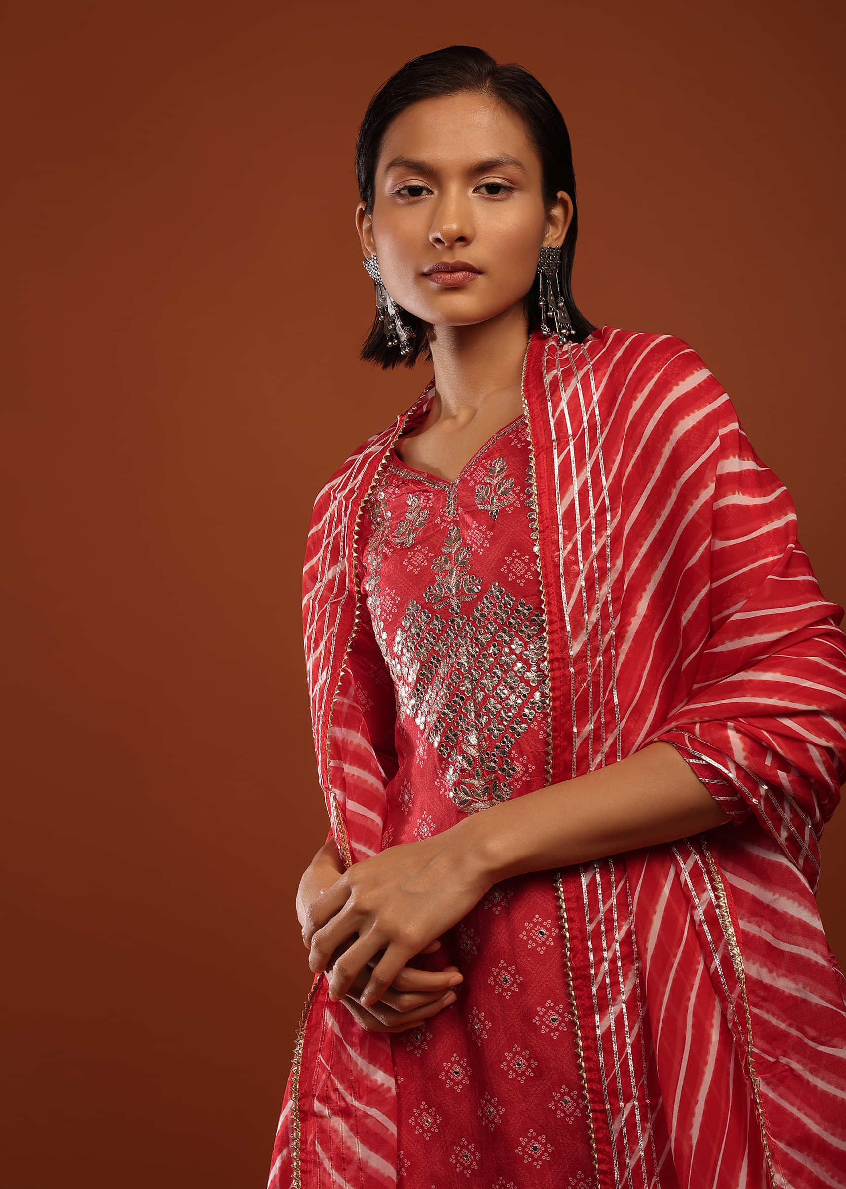 Fiery Red Straight Cut Palazzo Suit With Bandhani Print And Gotta Patti Embrodiered Yoke Design