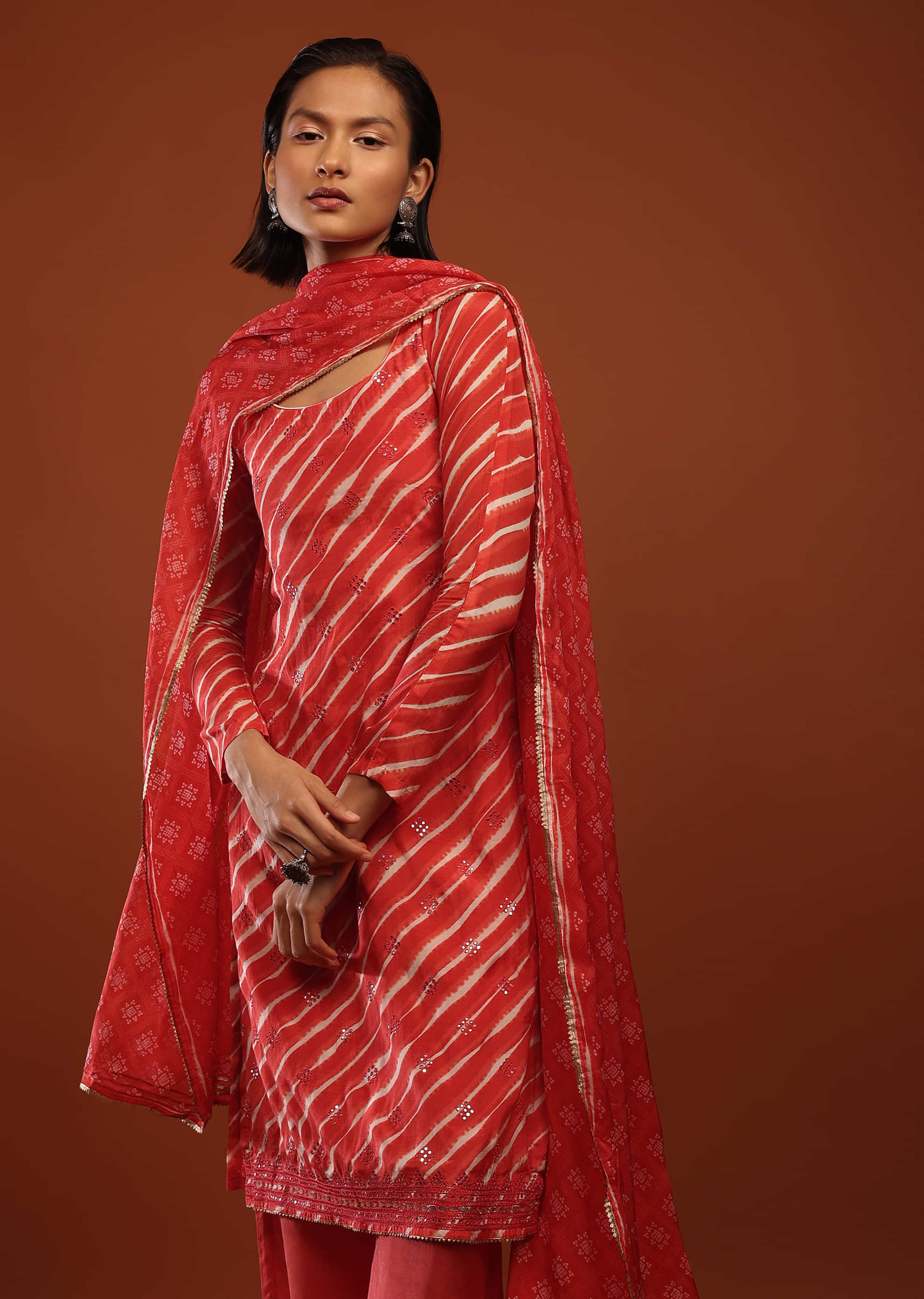 Rose Red Straight Cut Suit With Lehariya Print And Mirror Buttis