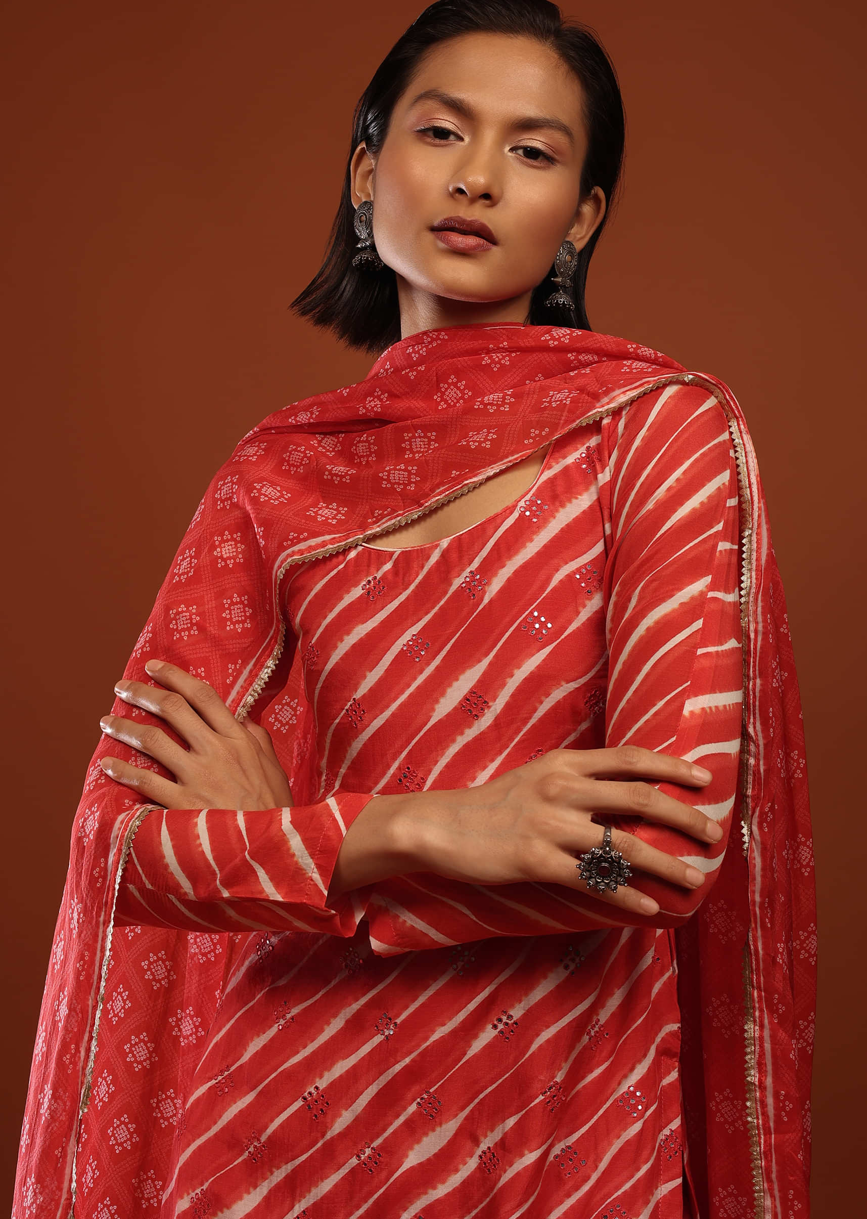 Rose Red Straight Cut Suit With Lehariya Print And Mirror Buttis