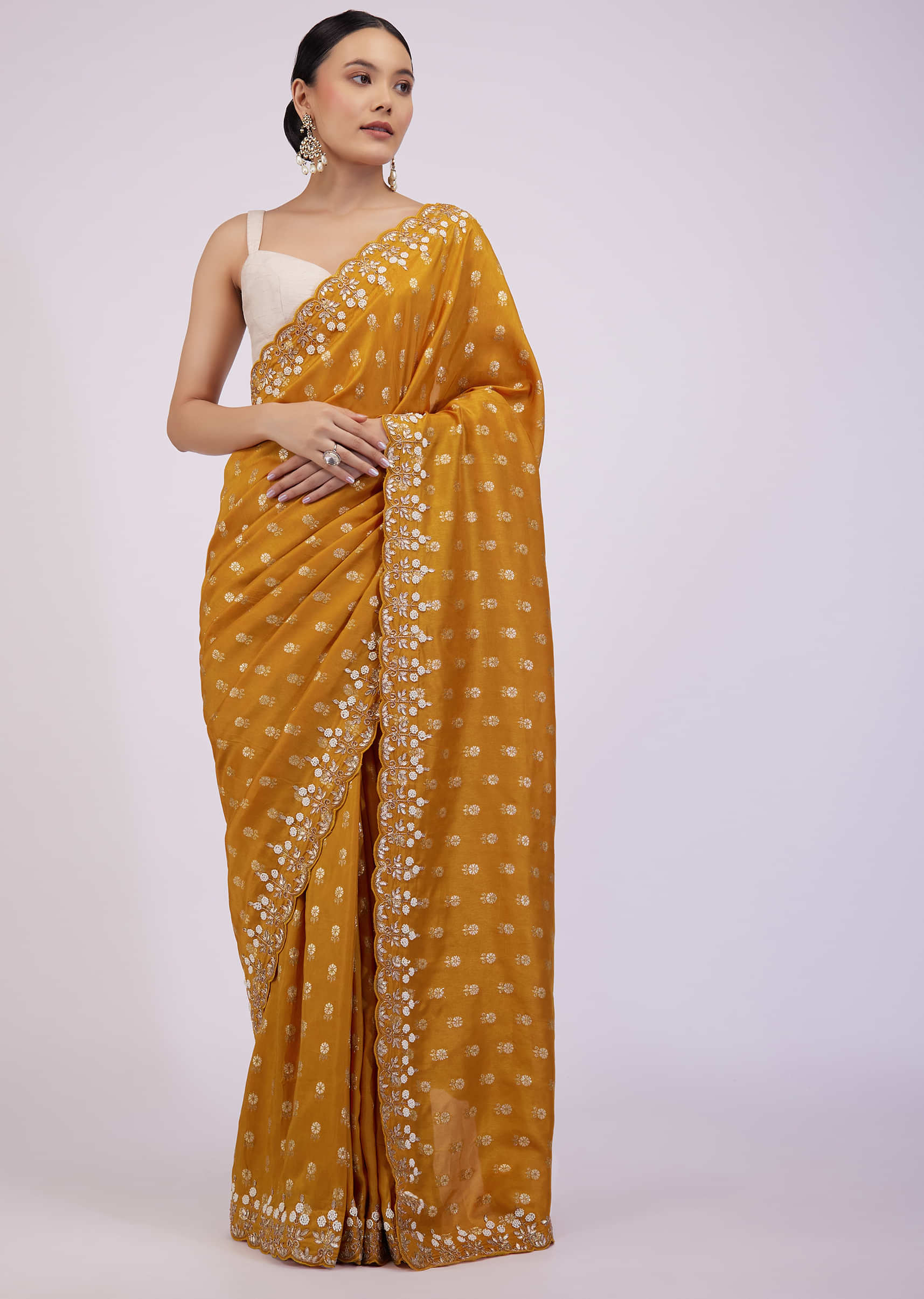 Ocher Yellow Silk Saree With Foil Print And Embroidery