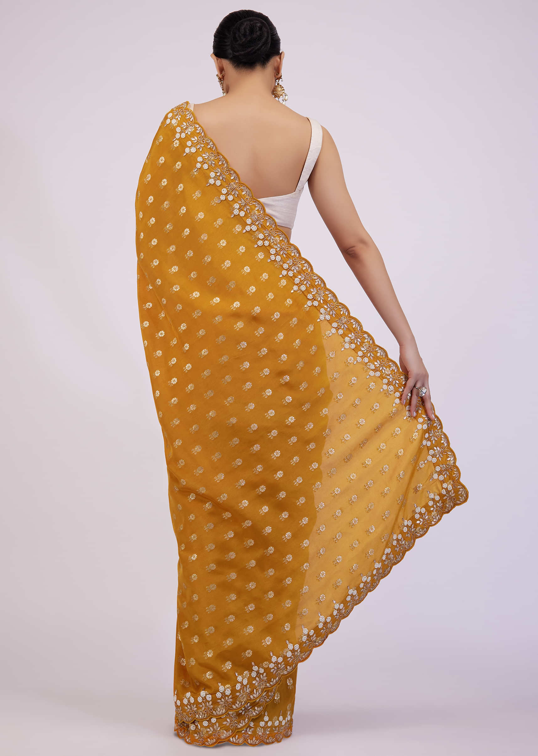 Ocher Yellow Silk Saree With Foil Print And Embroidery