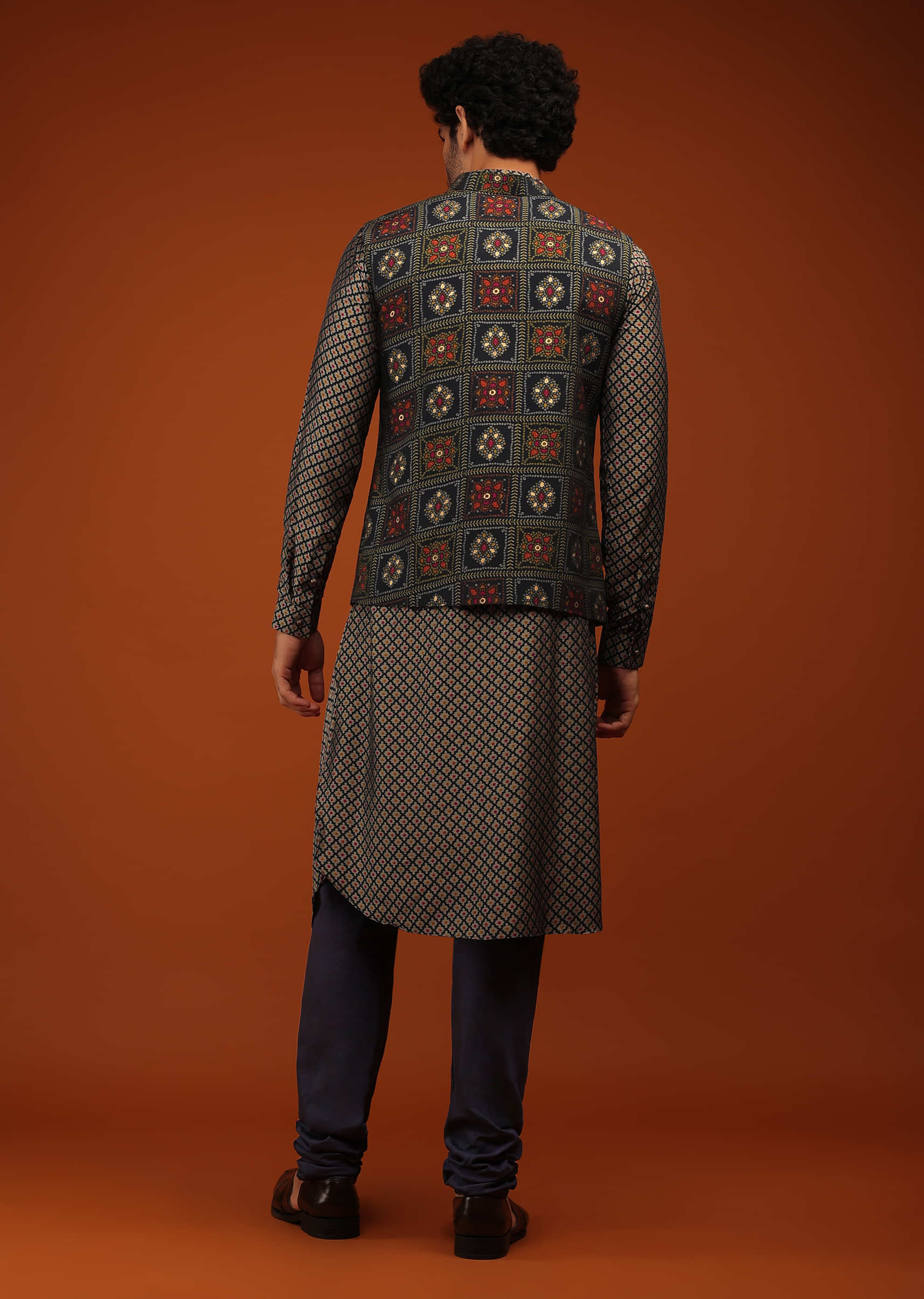Total Eclipse Blue Nehru Jacket And Kurta Set In Floral Bandhani Print, Matching Print Kurta In Mandarin In Full Sleeves 