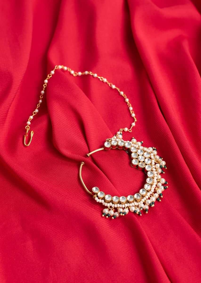 Traditional bridal nose pin with extended moti chain only on Kalki