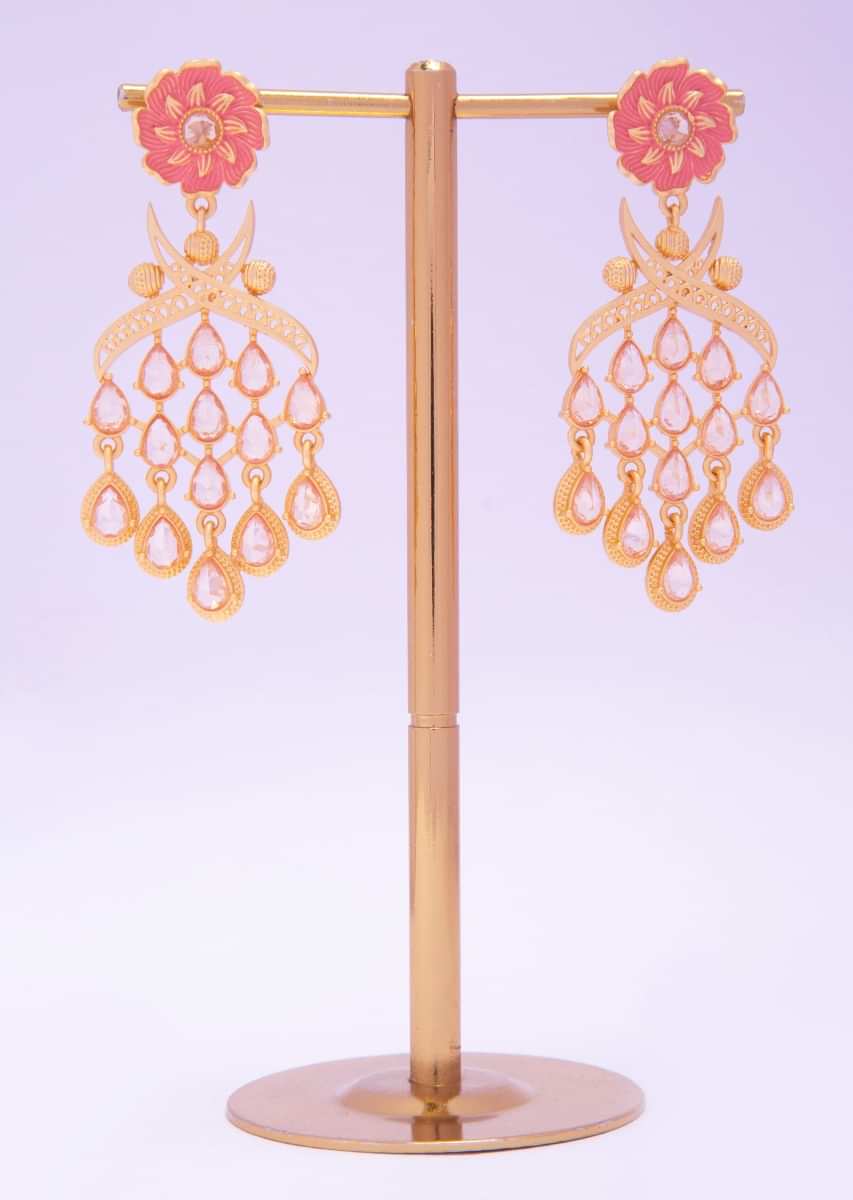 Traditional chandelier earring with kundan cut work in pearl cut  drop shape   only on kalki