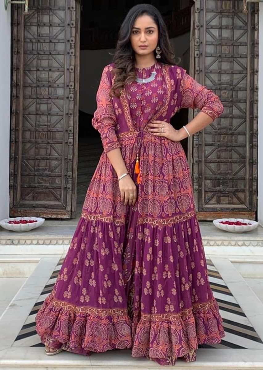 Tridha Choudhury in Kalki magenta chanderi cotton tunic dress with chiffon jacket only on kalki