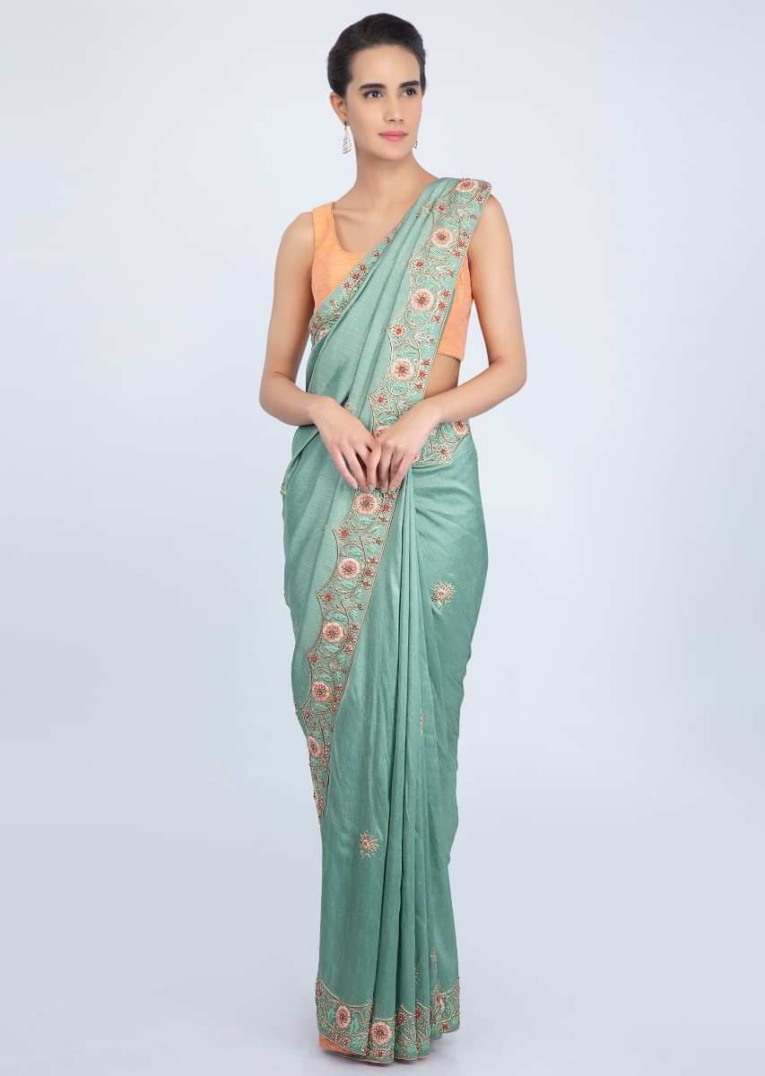 True Blue Saree In Cotton Silk With Floral Embroidered Butti And Border Online - Kalki Fashion