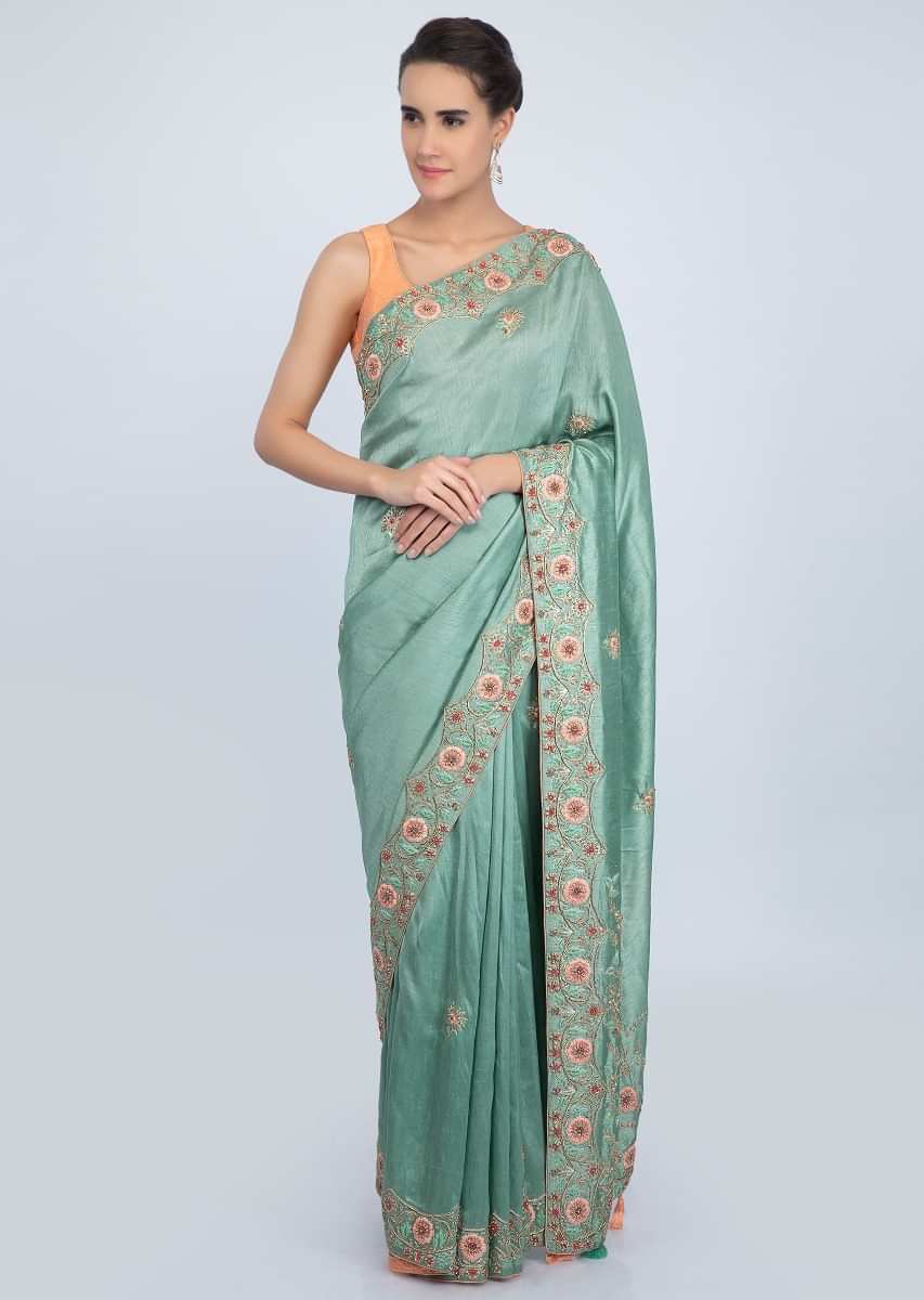 True Blue Saree In Cotton Silk With Floral Embroidered Butti And Border Online - Kalki Fashion