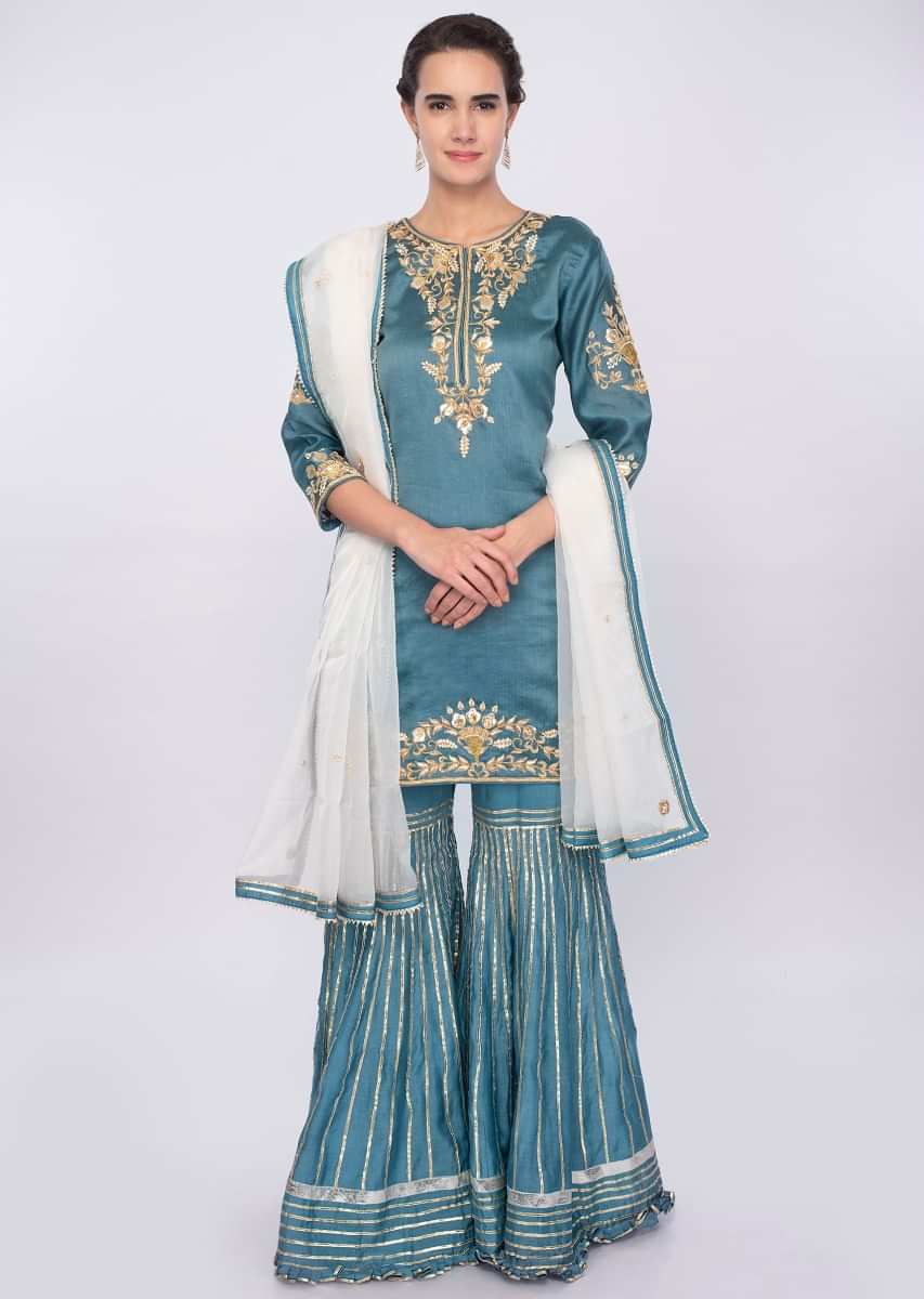 Turq Blue Sharara Suit Set In Cotton Silk Online - Kalki Fashion