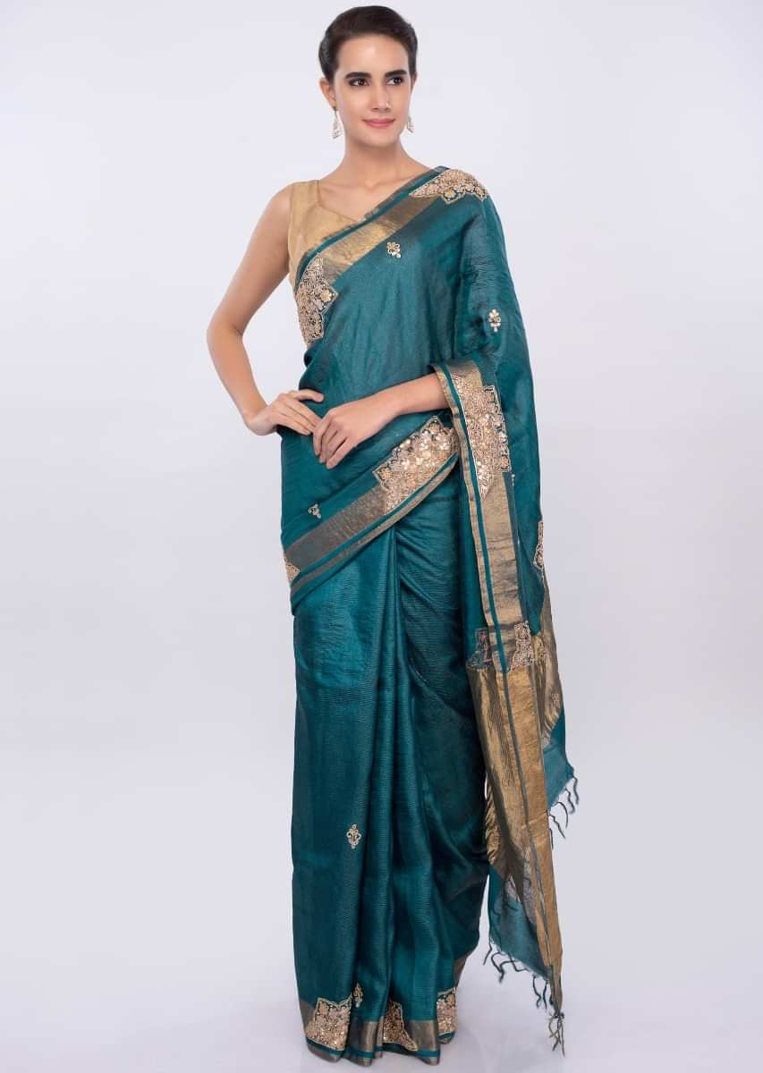 True Blue Saree In Linen With Gotta Patch Butti Online - Kalki Fashion