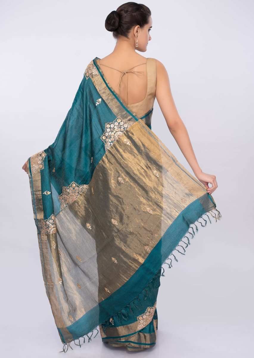 True Blue Saree In Linen With Gotta Patch Butti Online - Kalki Fashion