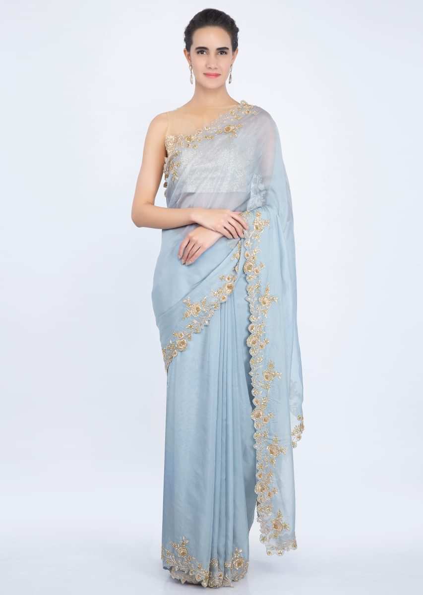 True Blue Saree In Organza With Zardosi Floral Embroidered Border Online - Kalki Fashion