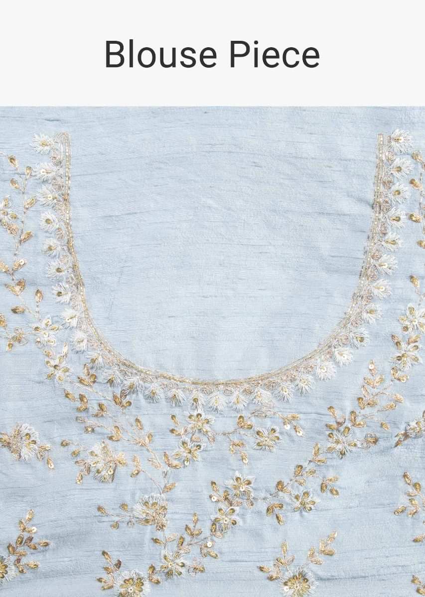 True Blue Saree In Organza With Zardosi Floral Embroidered Border Online - Kalki Fashion