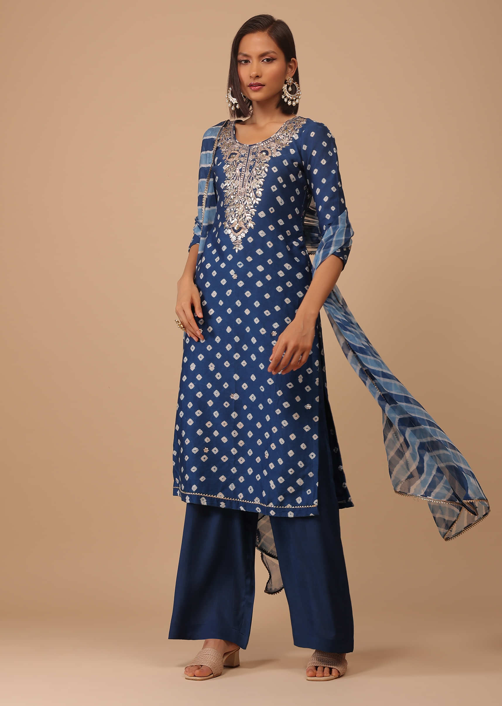 Buy Persian Blue Embroidered Bandhani Printed Chanderi Palazzo Suit ...