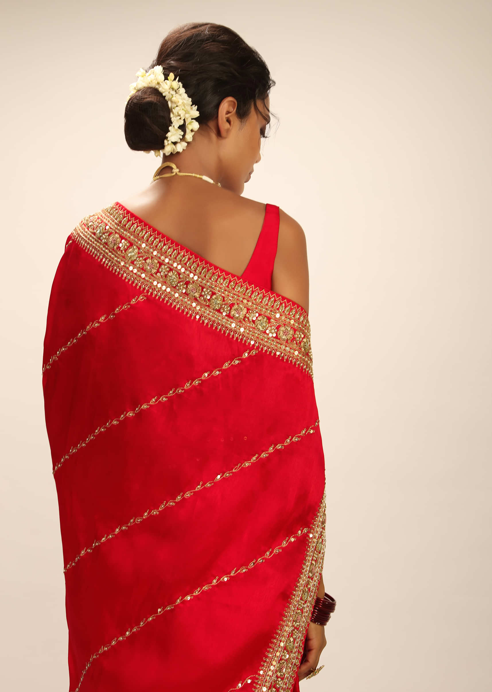 True Red Purple Saree In Dupion Silk With Hand Embroidered Embroidered Stripes And Floral Border 