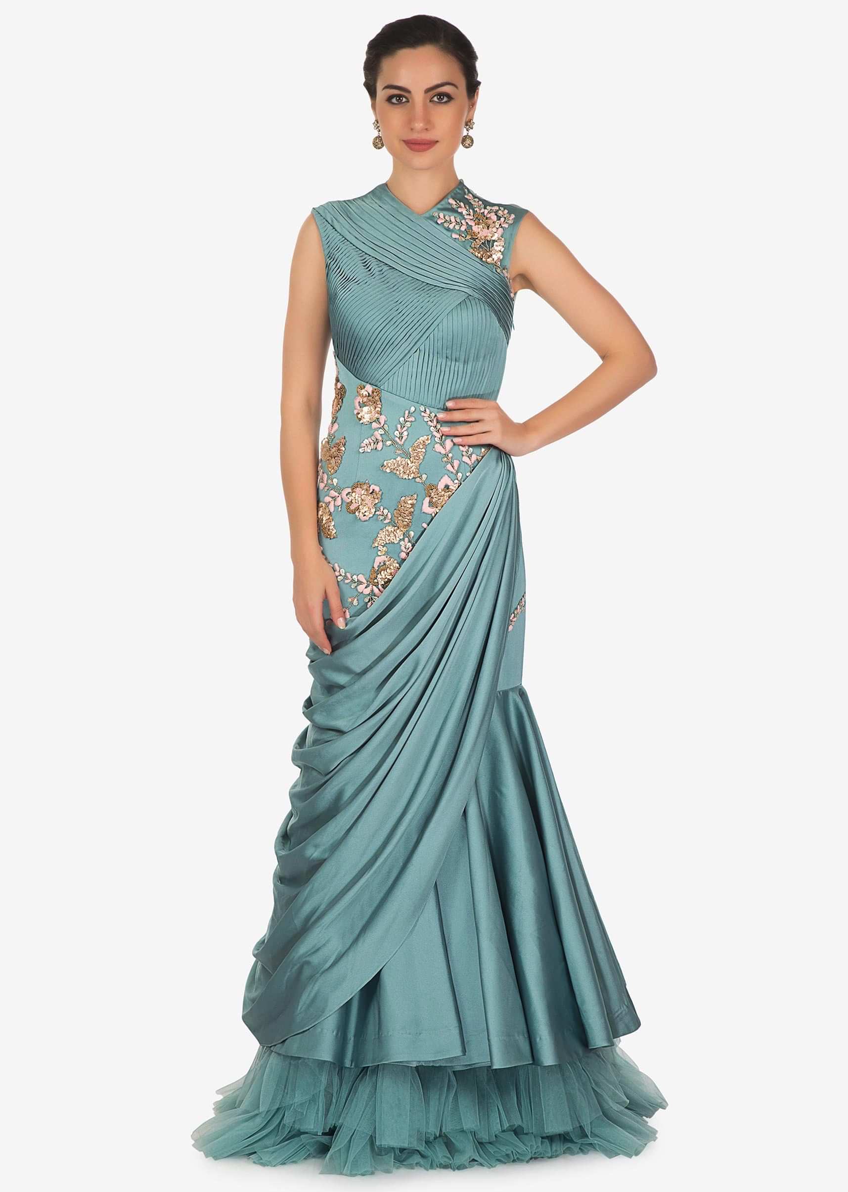 Turkish Blue Satin Gown with Resham Work and Pleated Bodice Only on Kalki