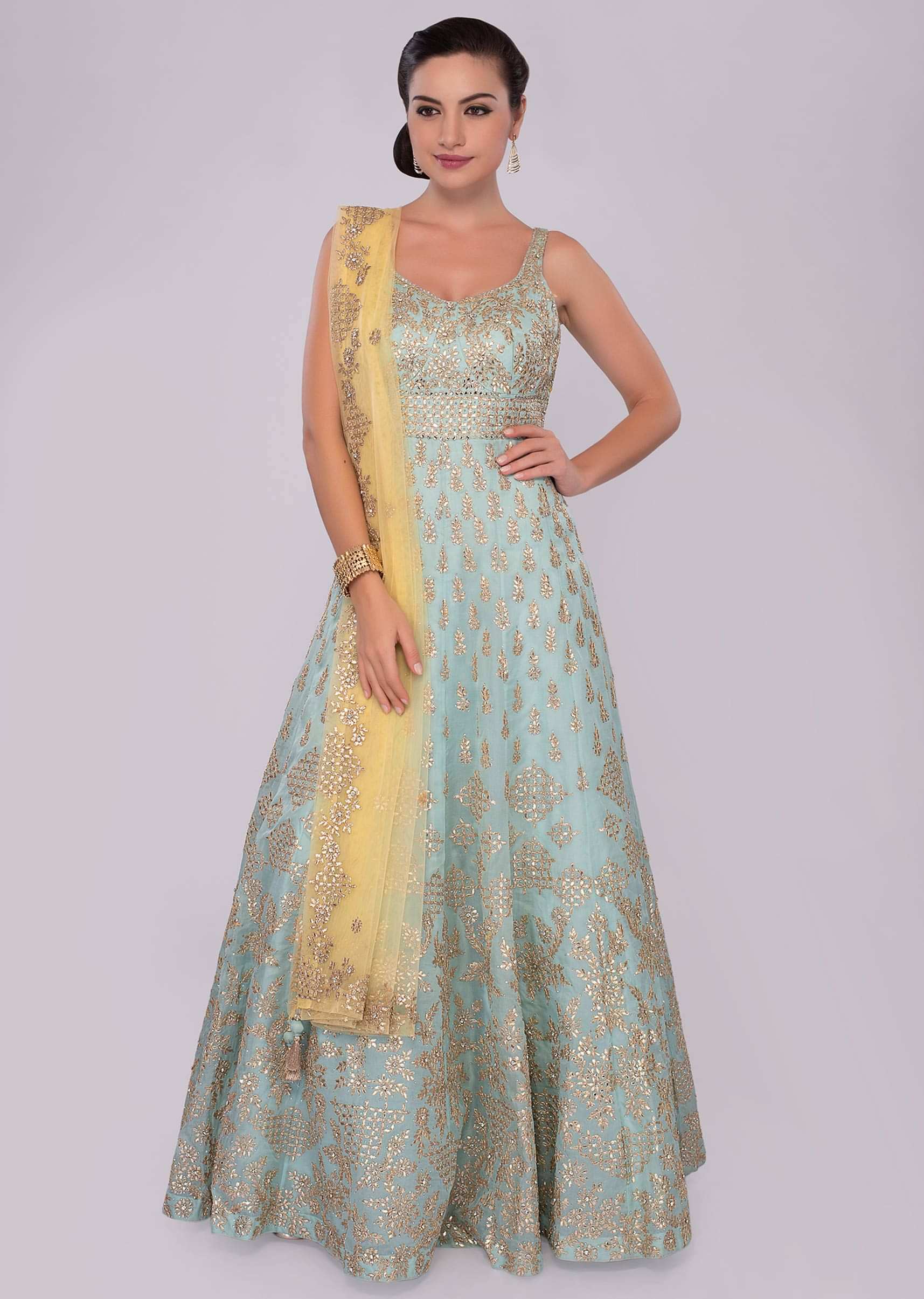 Turq blue anarkali gown in floral embroidery and butti