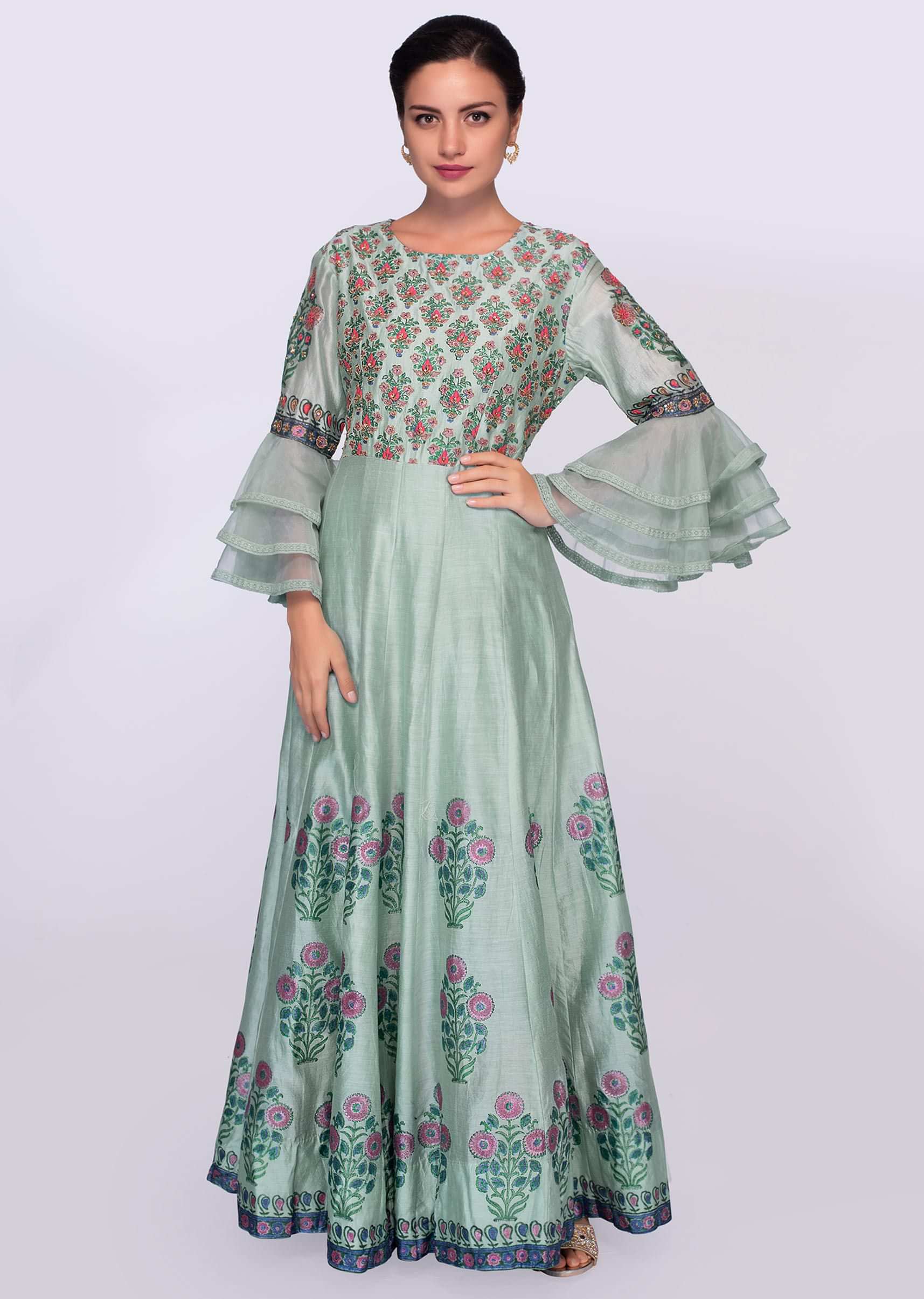 Turq blue cotton anarkali dress with  floral  printed butt