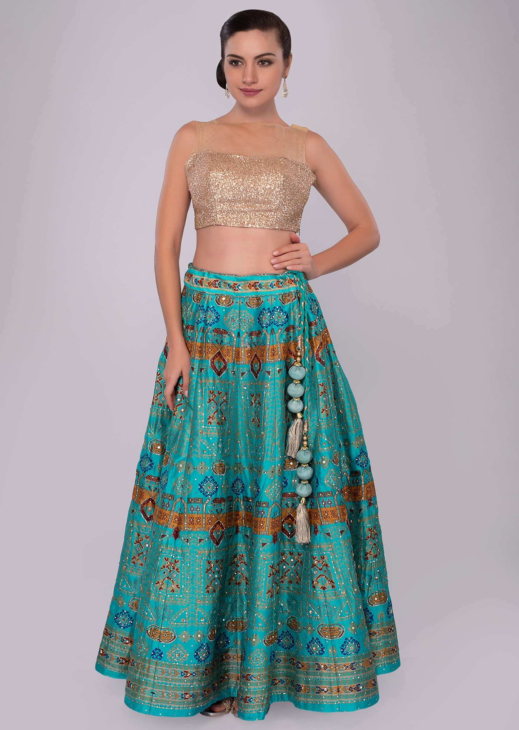 Turq blue cotton lehenga with antique print and embroidery
