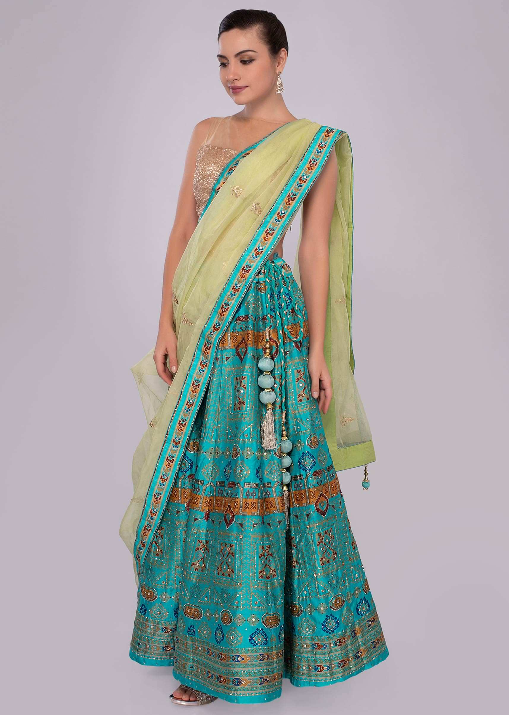 Turq blue cotton lehenga with antique print and embroidery