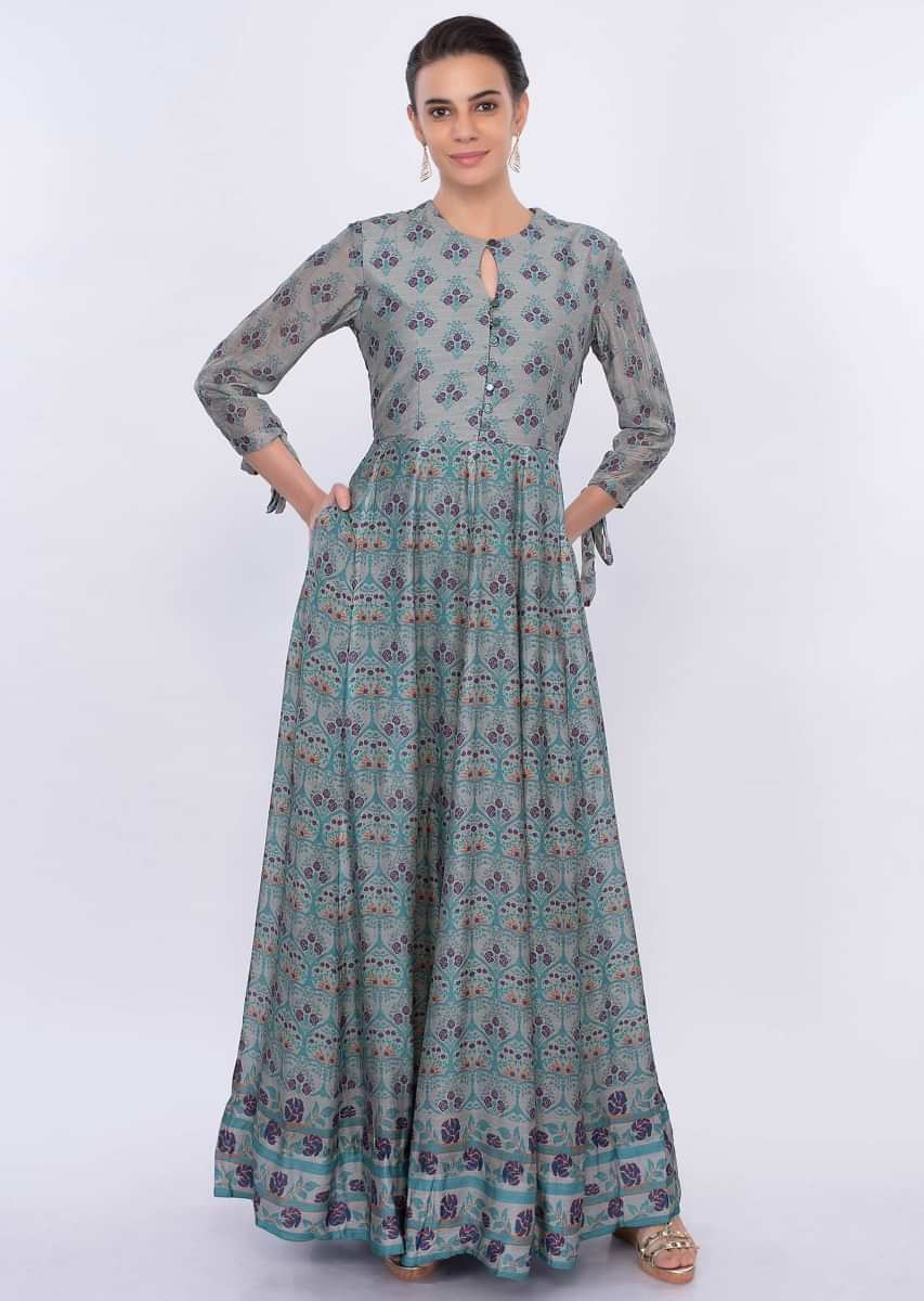 Turq blue cotton tunic dress in floral print only on Kalki